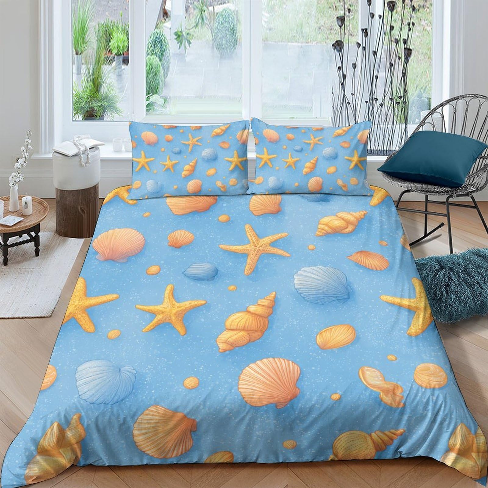 GPLZQXKJNH 3D Printed Seashell Ocean Duvet Cover Microfiber Soft Blue Starfish Quilt Cover Set with 2 Pillowcases for Bedroom Decor Single（135x200cm）