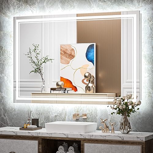 TokeShimi Espejo LED de baño de 55 x 36 pulgadas, espejo retroiluminado frontal con doble tira de luz, 3 colores CRI 90+ función de memoria antivaho
