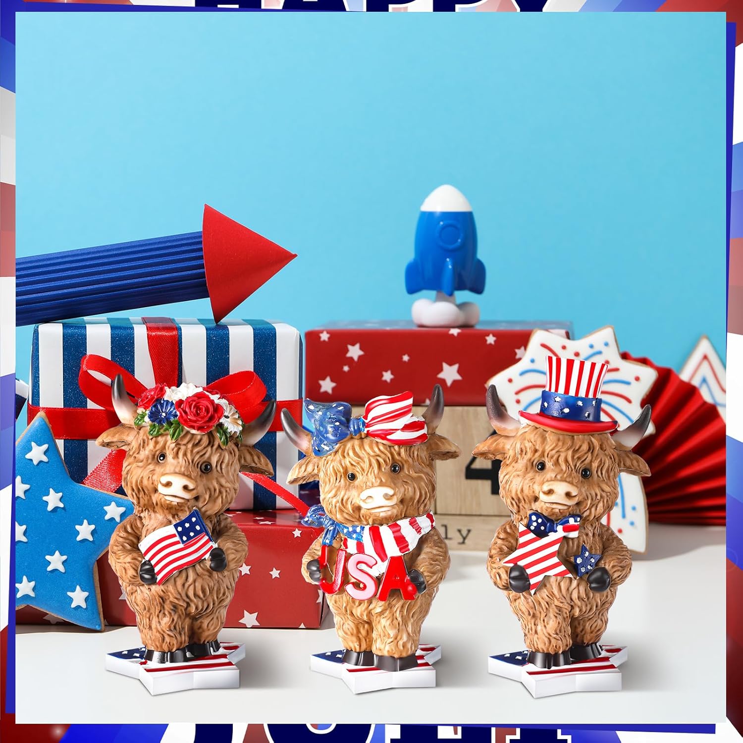 Foilswirl 3 Pcs 4th of July Decorations 250th Anniversary Highland Cow Figurine Decor Red White Blue Patriotic Highland Cow Resin Statue for Memorial Independence Day Garden Table Shelf Home