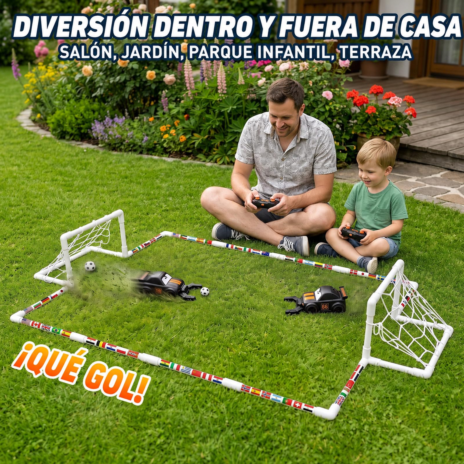 GizmoVine Juego de Fútbol RC para 2 Jugadores, 2 Coches Teledirigidos 2,4 GHz con Campo de Fútbol y Porterías, Giro 360°, Luces LED y Música, Juguete Interactivo para Niños de 6-15 Años