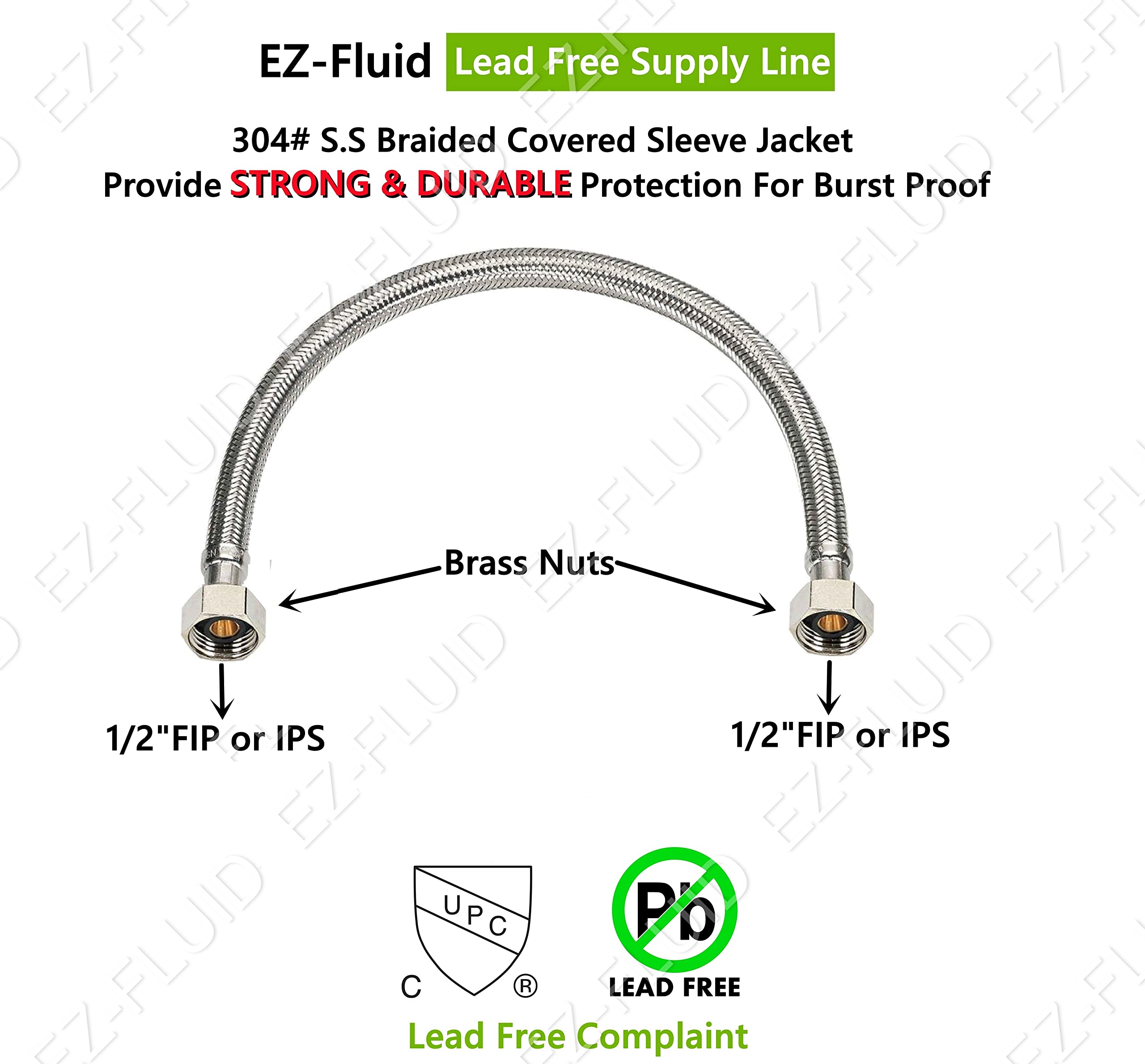 EZ-Fluid Línea de conector de grifo trenzado de acero inoxidable de 30 pulgadas, líneas de conector de manguera de suministro de agua para baño, fregadero de cocina, grifo de 1/2 pulgada FIP x 1/2