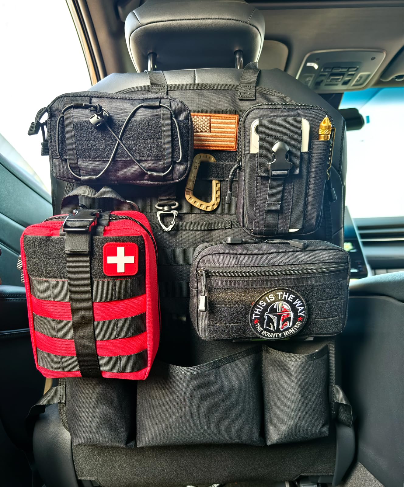 Vviitop Molle Seat Back Organizer, Tactical Car Seat Cover Organizer Panel with Pouches, Molle Universal Vehicle Panel (Red)