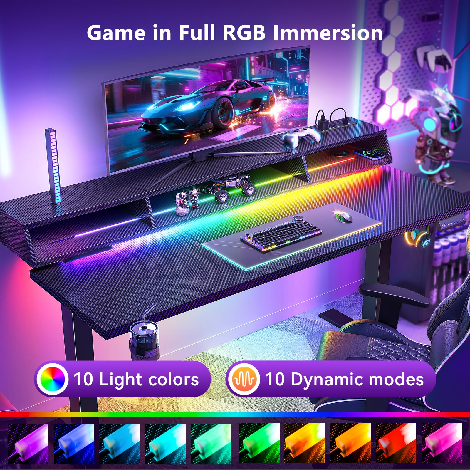 OffiGo Gaming Standing Desk with LED Light 55 Inch Electric Height Adjustable Table with Power Outlet Monitor Stand — view 5