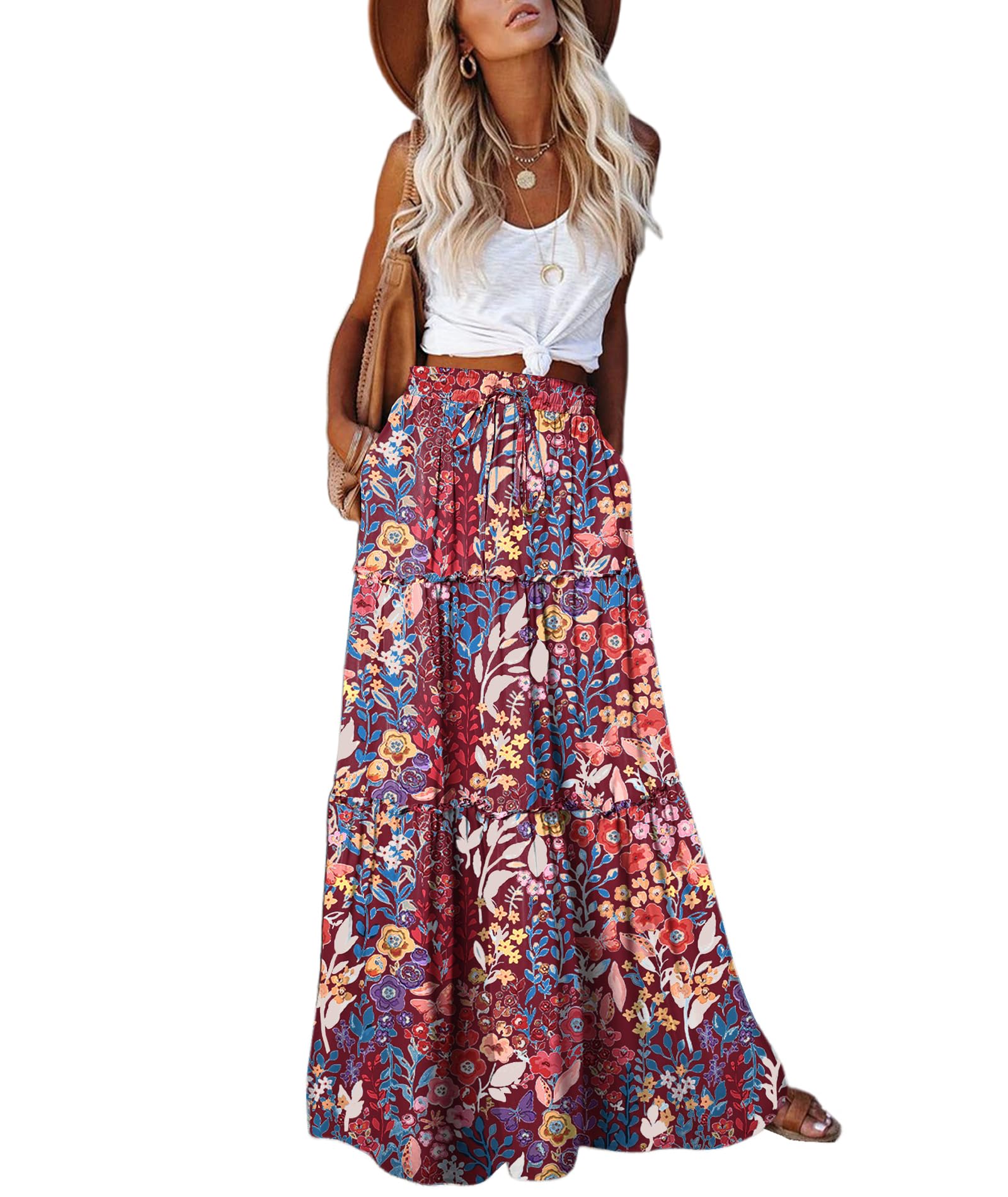 Womens Boho Maxi Skirt 2026 Summer Cruise Casual High Waist Tie Flowy Long Skirt with Pockets For Beach Vacation