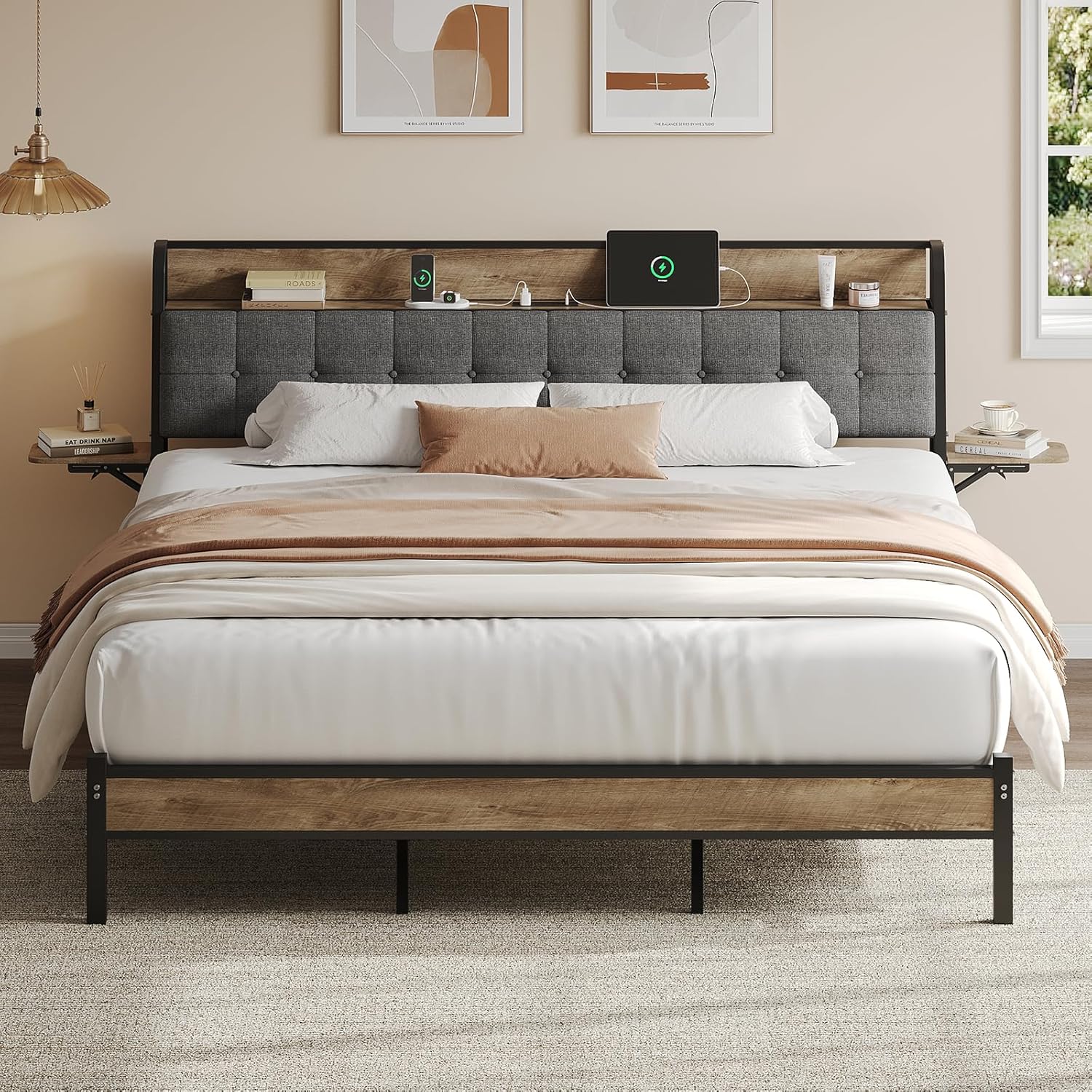 Twin Bed Frame with Storage Headboard & LED Lights, Metal Platform Bed with Folding Shelves and Charging Station, No Box Spring Needed, Easy Assembly, Noise-Free, Black