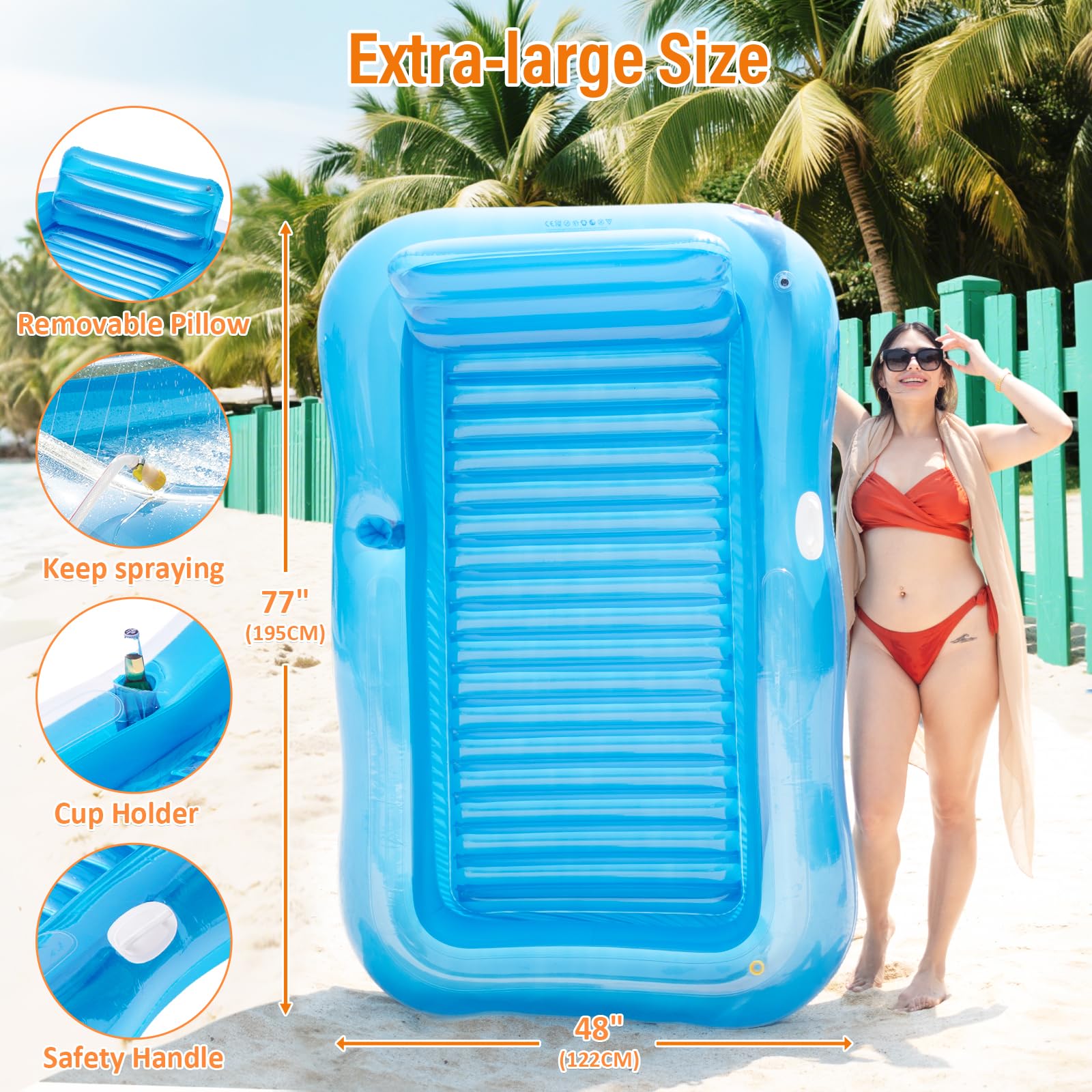 Aufblasbare Sonnenliege mit Sprinkler, Poolschwimmer für Erwachsene mit Kissen-Becherhalter, aufblasbares Sonnenbett, Sonnenbad-Raft, Floatie für Hinterhof, Pools, Strand, Sommer, Wasserparty