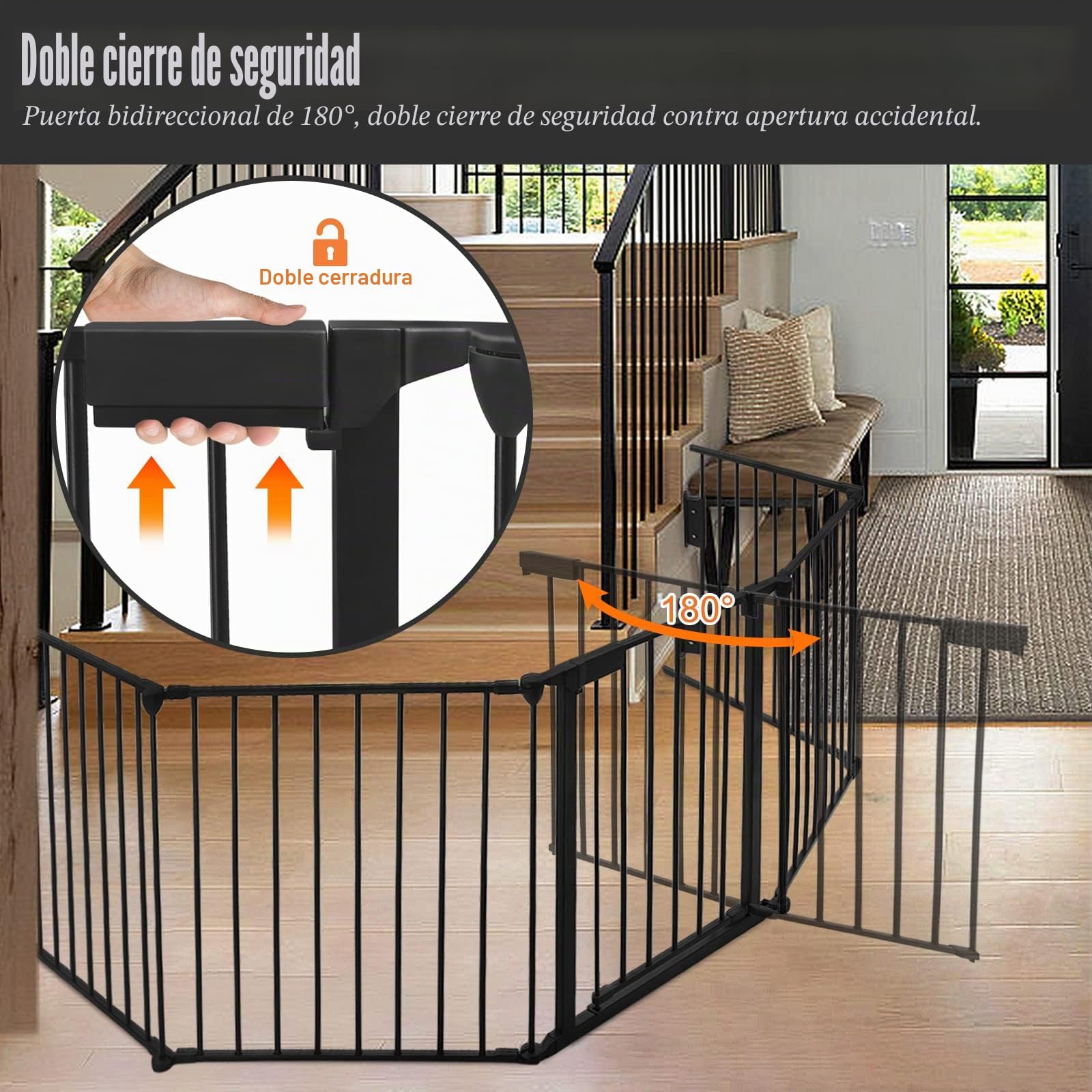 Aufun Chimenea Puerta de Seguridad Metálica con Puerta, 5 Elementos, Puerta de Seguridad Horno, Rejilla de Configuración para Seguridad Infantil, 300 x 75 x 60 cm (Negro)