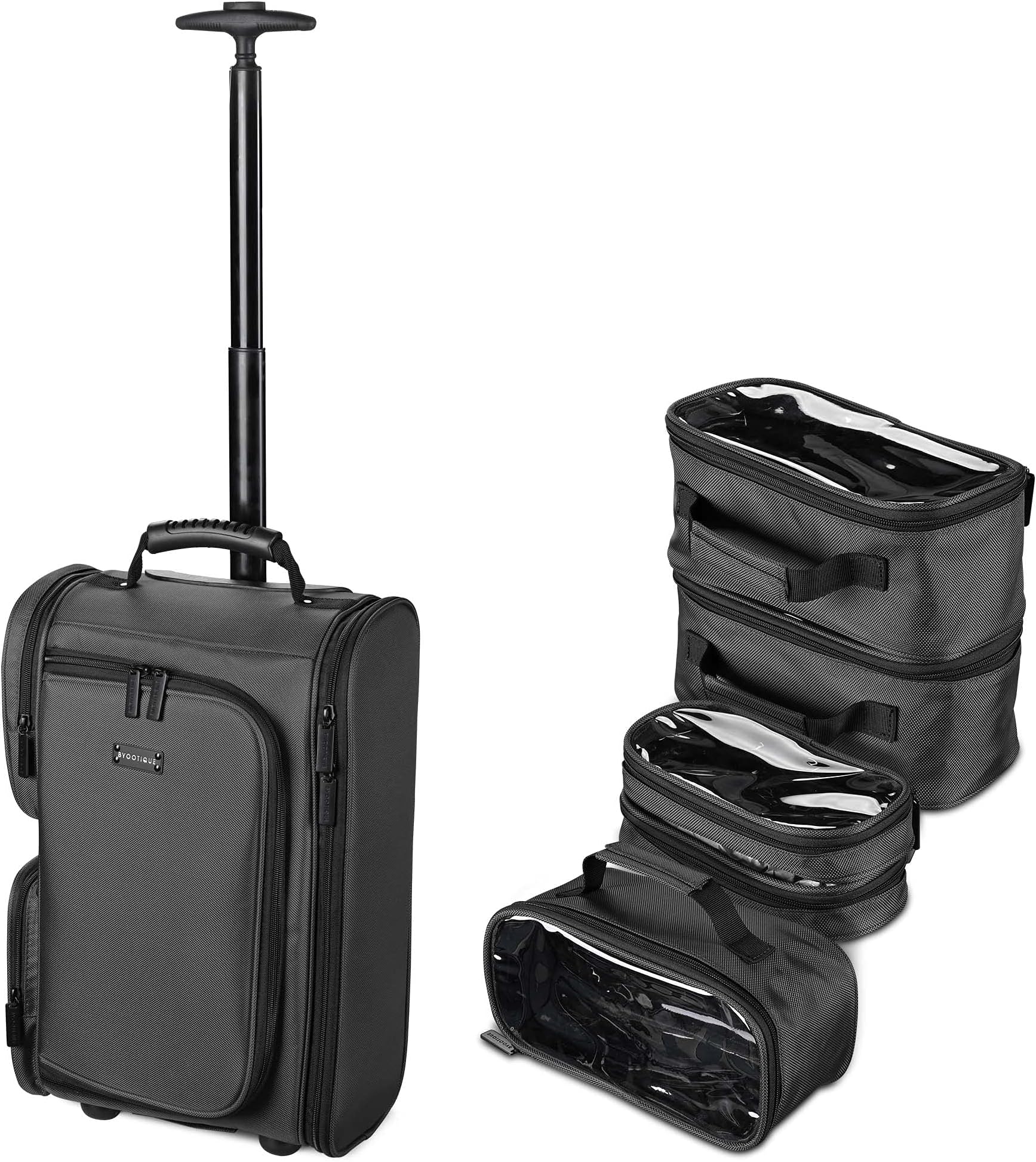BYOOTIQUERolling Makeup Train Case 2in1 Makeup Travel Backpack Cosmetic Carry-on Backpack Shoulder Organizer Storage Cosmetology Trolley Bag makeup travel case with 5 Removable Travel Zipper Bag