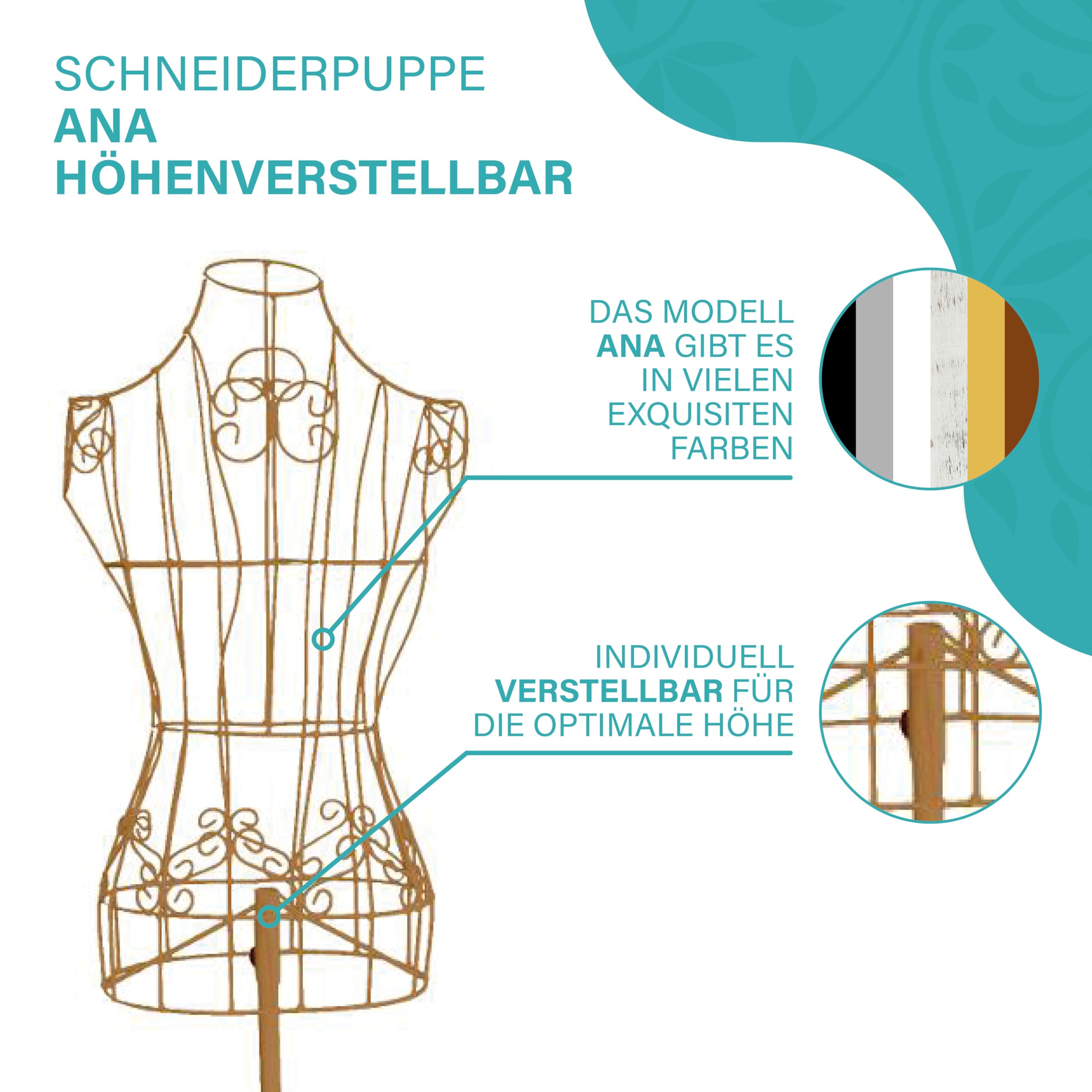 PrimoLiving Metall Schneiderpuppe Ana in Gold - höhenverstellbare Vintage Kleiderpuppe - ideal als weibliche Schaufensterpuppe oder Kleiderständer - P-12895
