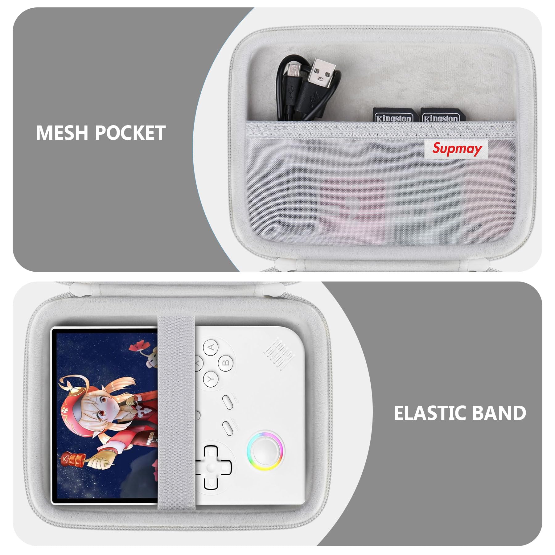 Supmay Custodia rigida per console di gioco portatile retrò G350/RG35XX Pro/RG40XXV/RG405V/RG406V, supporto da viaggio per videogiochi retrò con borsa a rete per scheda SD, cavo di ricarica USB
