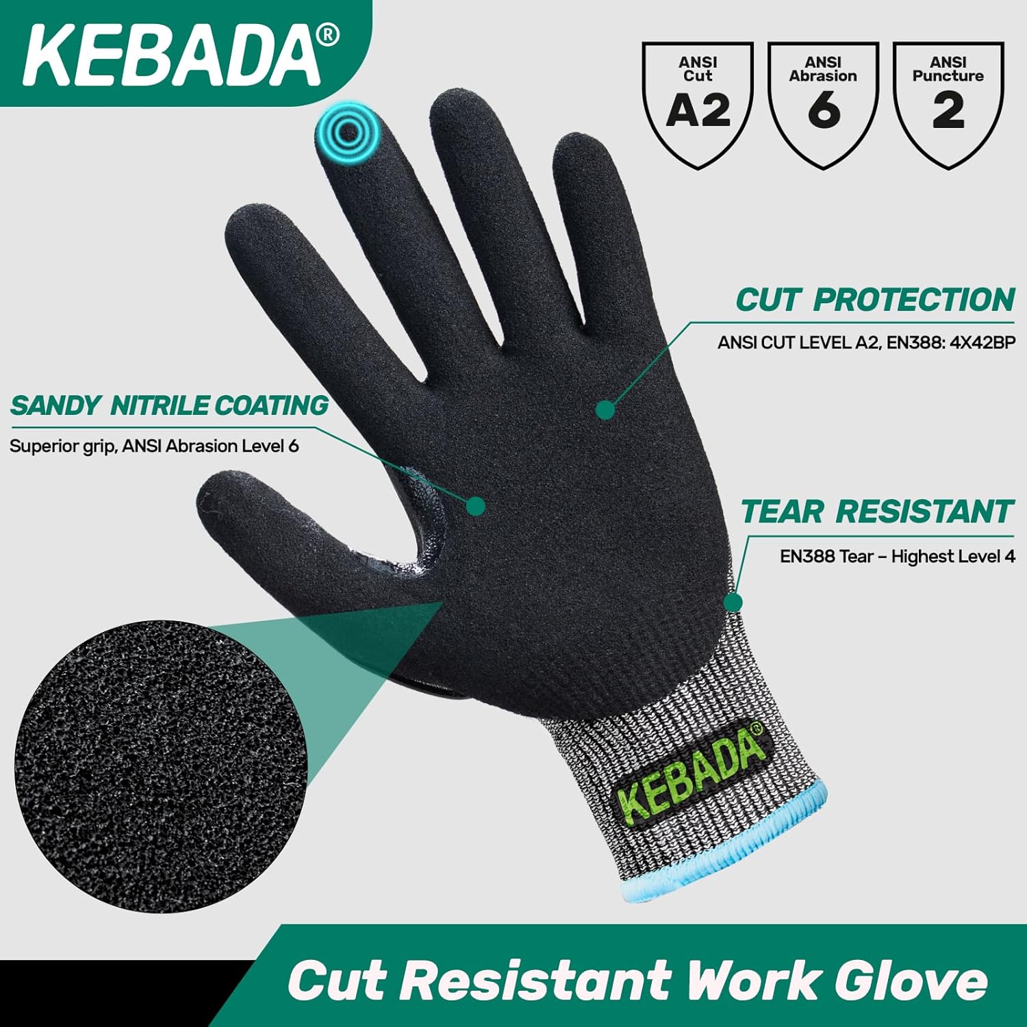 Kebada Impact Protection Gloves, ANSI A2 Cut Resistant Work Gloves with Grip, Touchscreen, Sandy Nitrile Coated - Image 3