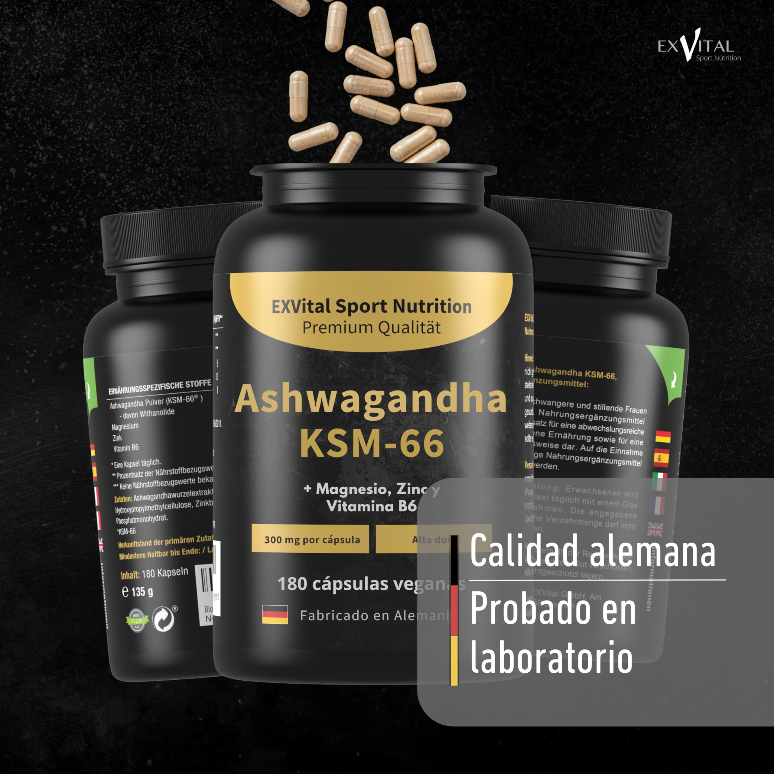 Ashwagandha KSM-66, Materia prima premium, 600 mg por día, 180 cápsulas (para 3 meses), probado en laboratorio, vegano, altamente dosificado y fabricado en Alemania