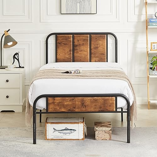 Miniatura 3 de VECELO Base de cama de plataforma de tamaño individual con cabecero y estribo de madera, base de colchón de acero resistente con soporte de