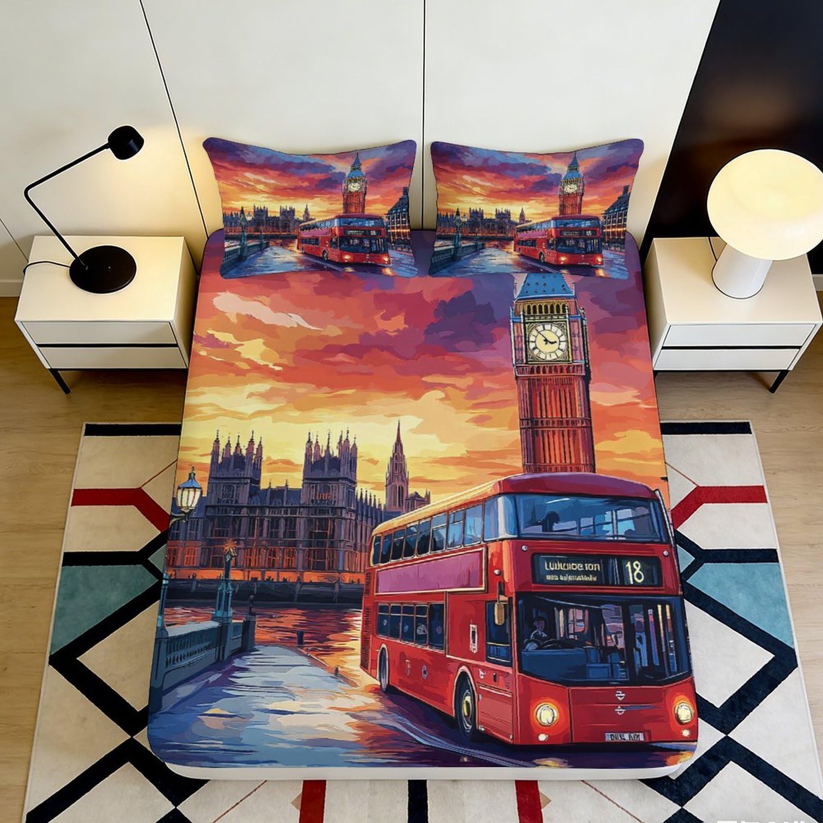 3D Printed London City Fitted Sheet Microfiber Deep Pocket Non-Slip London Mattress Fitted Cover Bedroom Home for Adults Teens 120x200x25cm