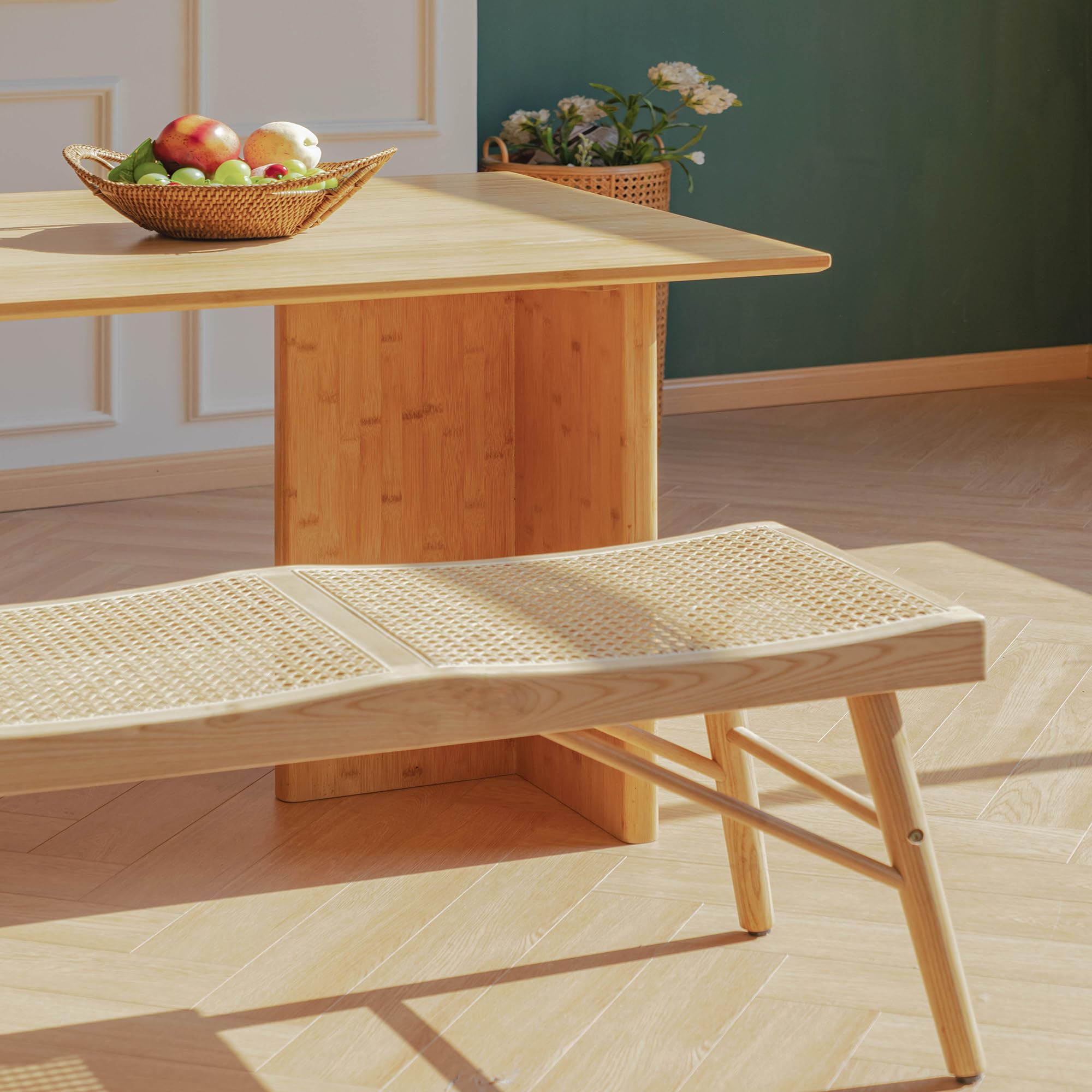 55" Modern Dining Bench, Solid Oak Wood Bench with Rattan Seat, Entryway Bench for Dining Room Table, Indoor Wooden Bench for Living Room, Bedroom, Easy Assembly, Natural Wood