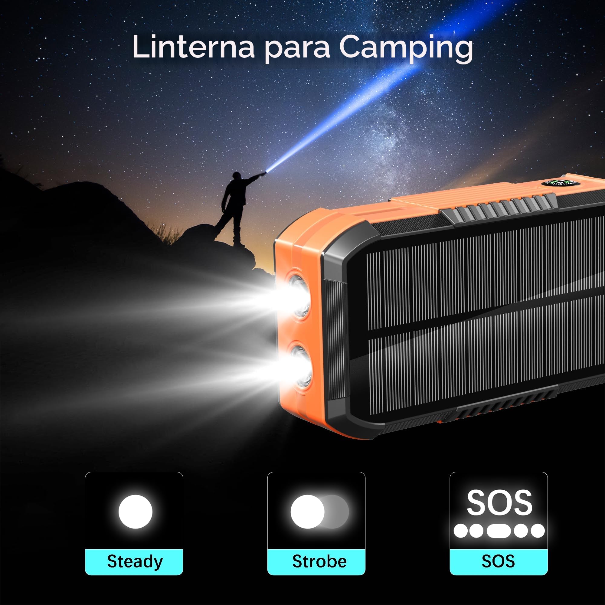 70000mAh Solar Power Bank con 30W PD Carga Inalámbrica Batería Externa de Gran Capacidad con 6 Salidas,Carga Rápida USB C Linterna LED,Brújula y Manivela Manual, para Campingal Aire Libre