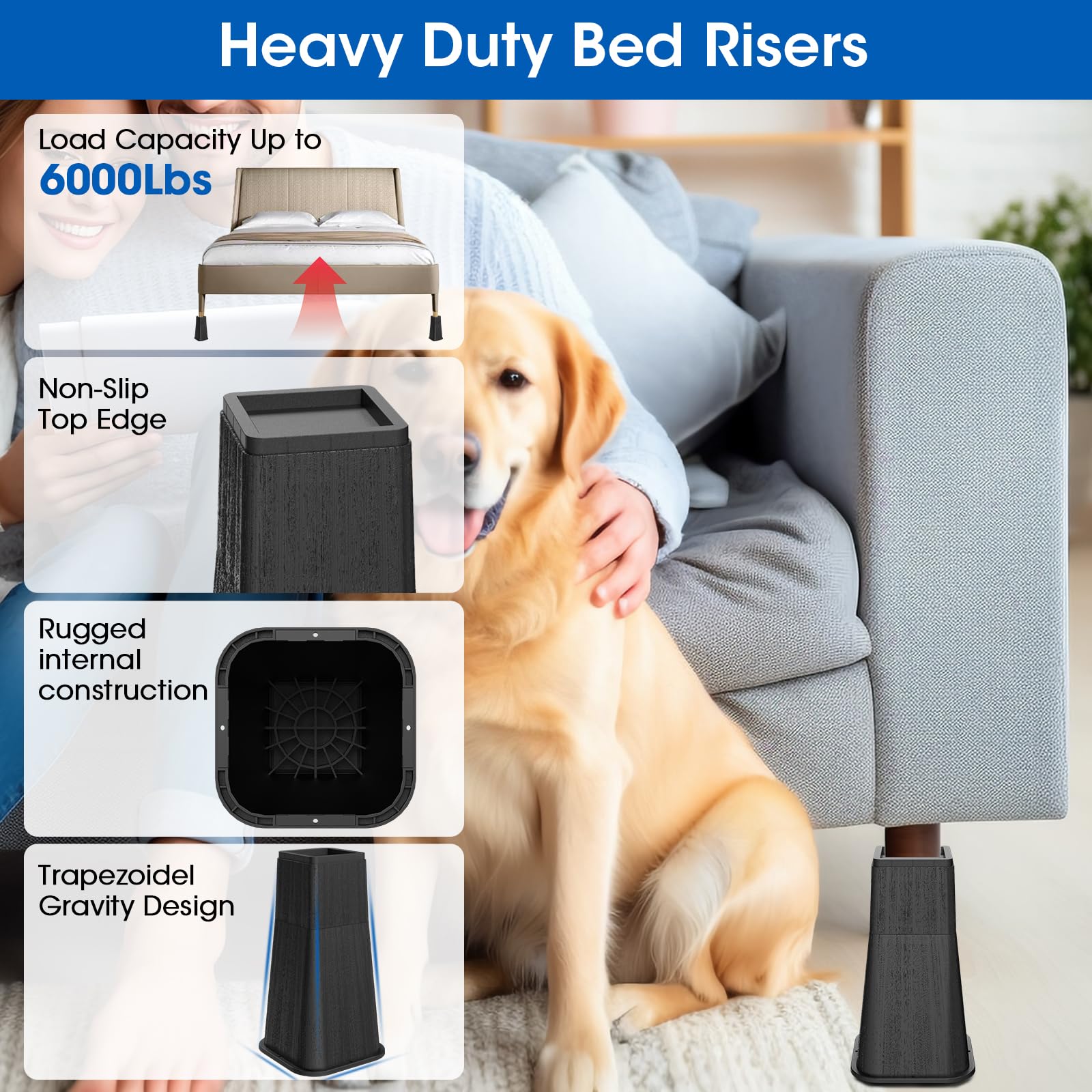 MYMULIKE Rialzi per Letto da 30,5 cm, Resistenti, impilabili, per mobili, 10,2 cm, 20,3 cm, 30,5 cm, per Tavolo, Gamba della scrivania, Divano, Supporta Fino a 2,7 kg, Nero, Confezione da 4