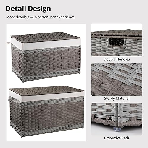 Vista 7 de OIAHOMY Cesta de almacenamiento con tapa, cesta de mantas de 42.3 galones (160L) con forro extraíble, cesta de mimbre sintético con asa, plegable