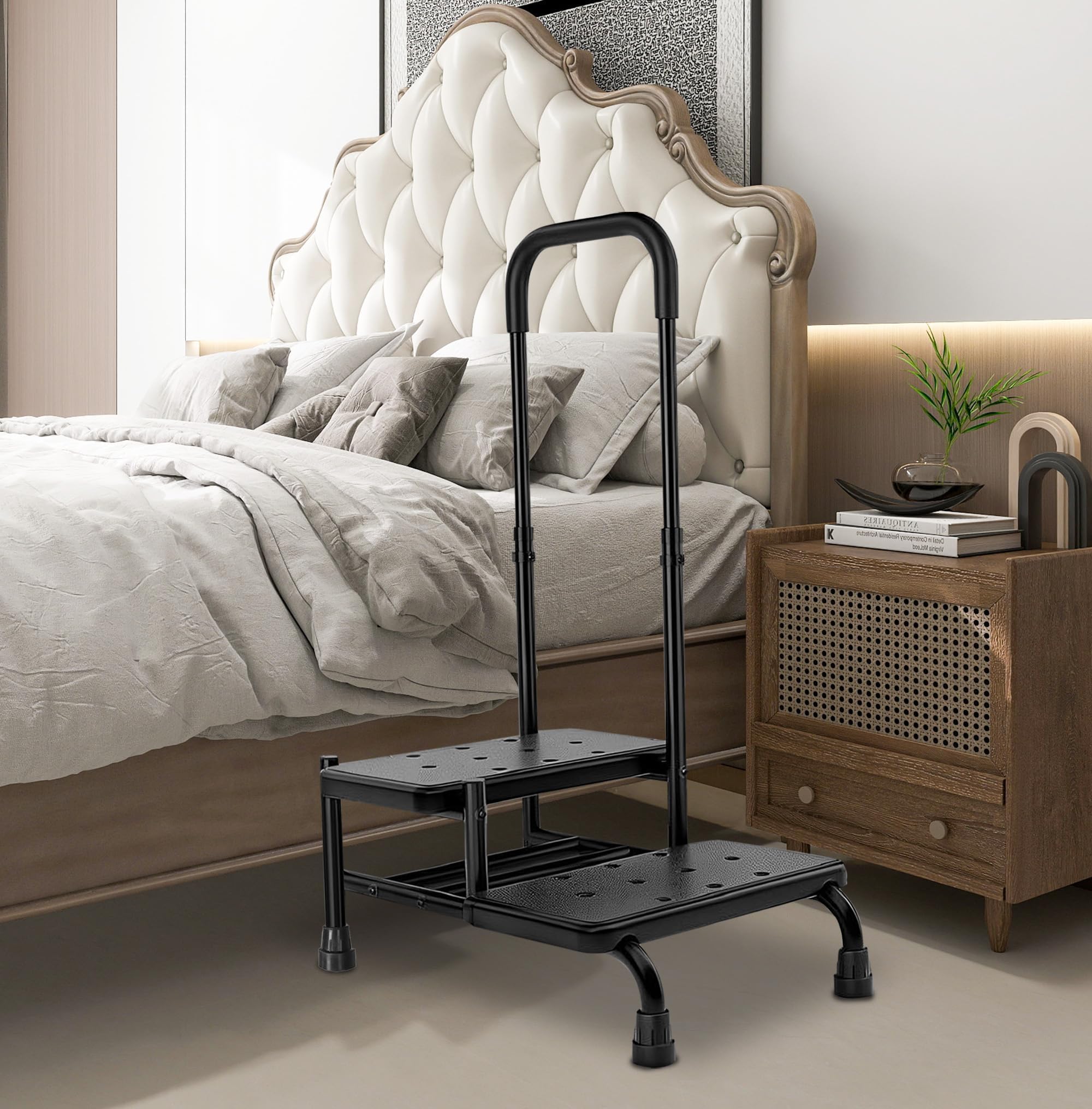 Escabeau Marchepied pour Lits Superposés Adultes - 2 Tabourets Réglables avec Main Courante, Plateforme Antidérapante, Usage Cuisine/Voiture/Caravane/Baignoire/Lit（Noir）