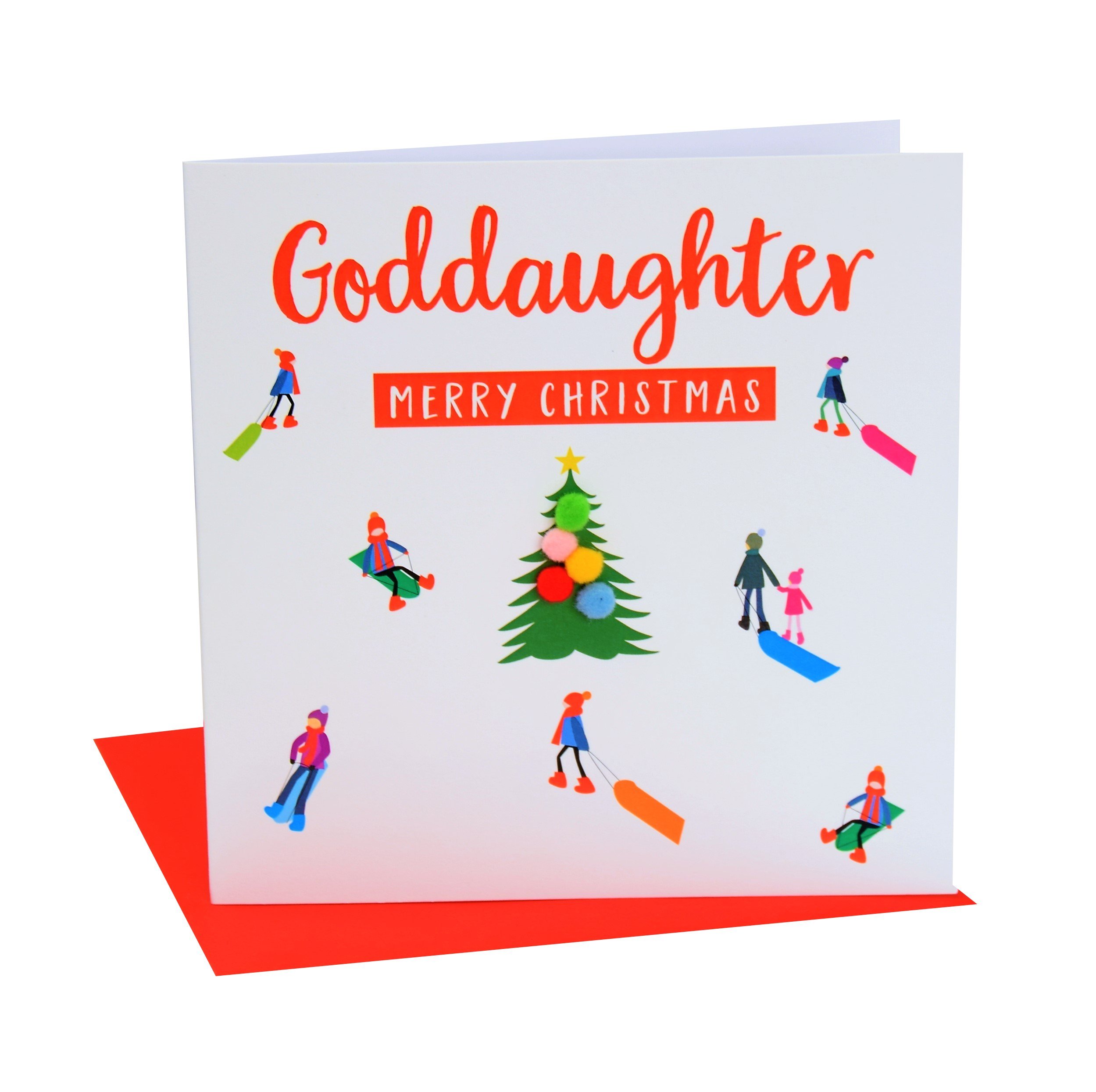 Claire Giles Greeting Cards, Happy Christmas Goddaughter Card, Sledgers Around a Tree Design Xmas Greeting Card, Embellished with Colourful Pompoms