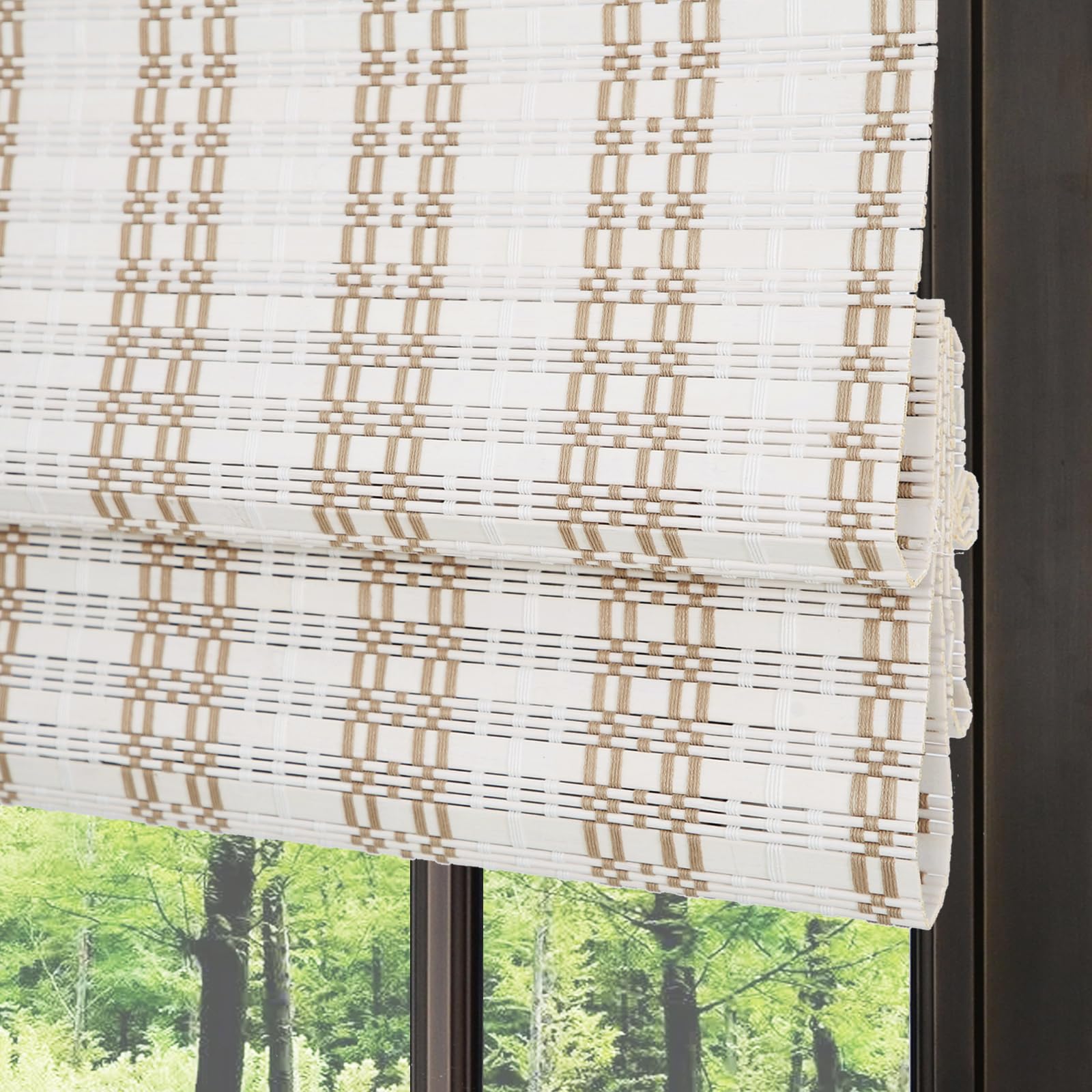 Cordless Bamboo Roman Shades for Windows, Seashell White Natural Woven Wood Shades with 6 Inches High Valance, Custom Light Filtering Room Darkening Window Blinds for Doors, Windows