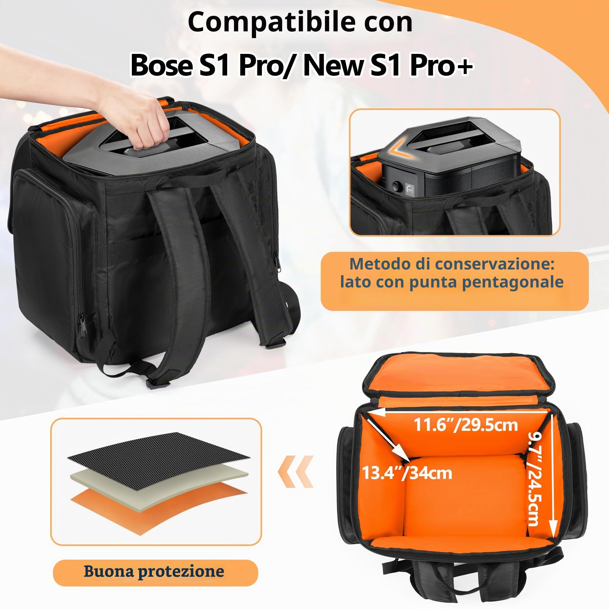 CURMIO Zaino da Viaggio Compatibile con Bose S1 Pro/S1 Pro+, Nero | Custodia per Altoparlante Bluetooth Portatile, Organiser per Sistema PA/ Microfono/ Caricatore/ Cavo, Solo Borsa