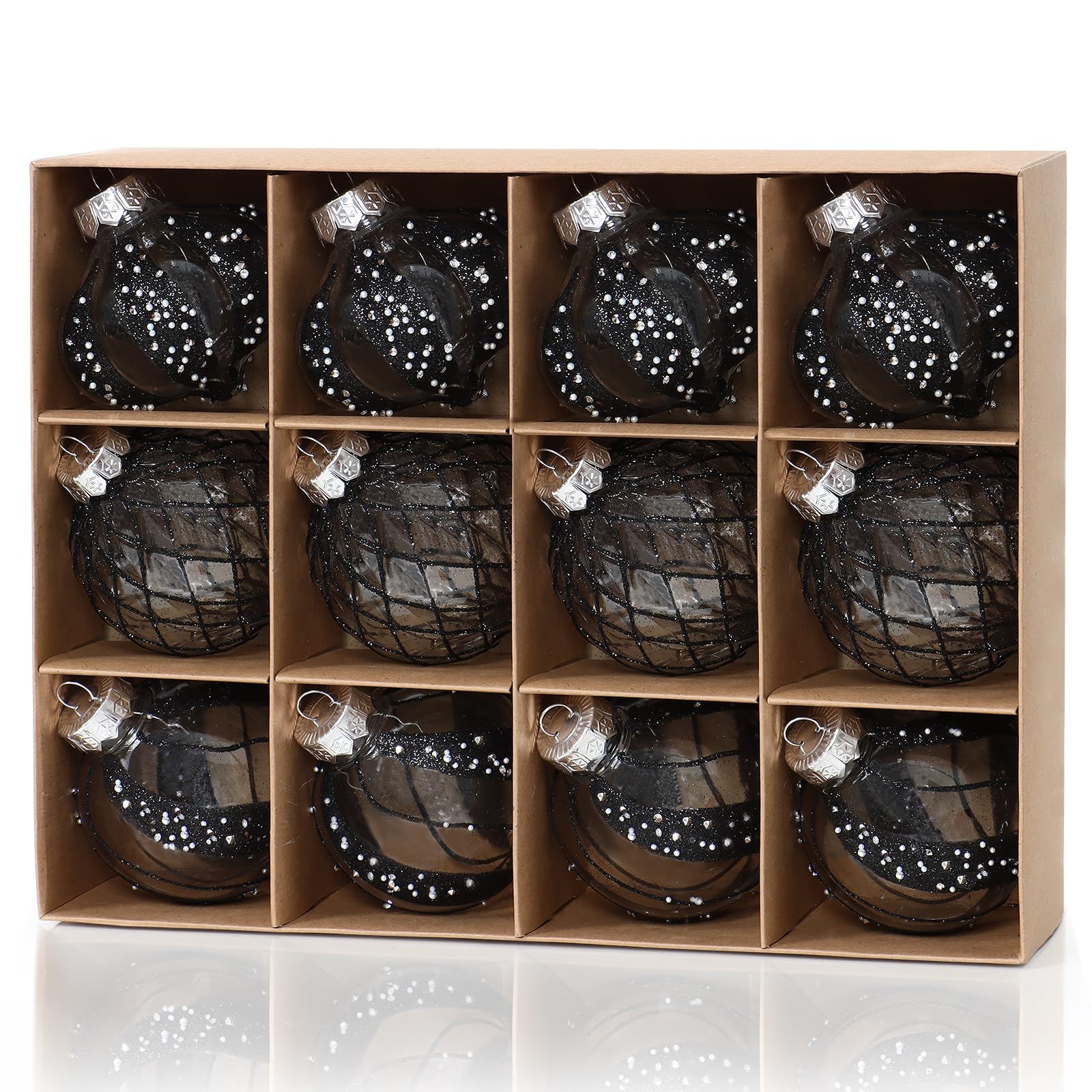 DEMIUKO 80mm Black Christmas Baubles 12PCS Xmas Balls Set Large Clear Glitter Baubles Christmas Tree Decorations Shatterproof Acrylic Balls Hanging Ornaments for Xmas Gift Holiday Party Wedding Home