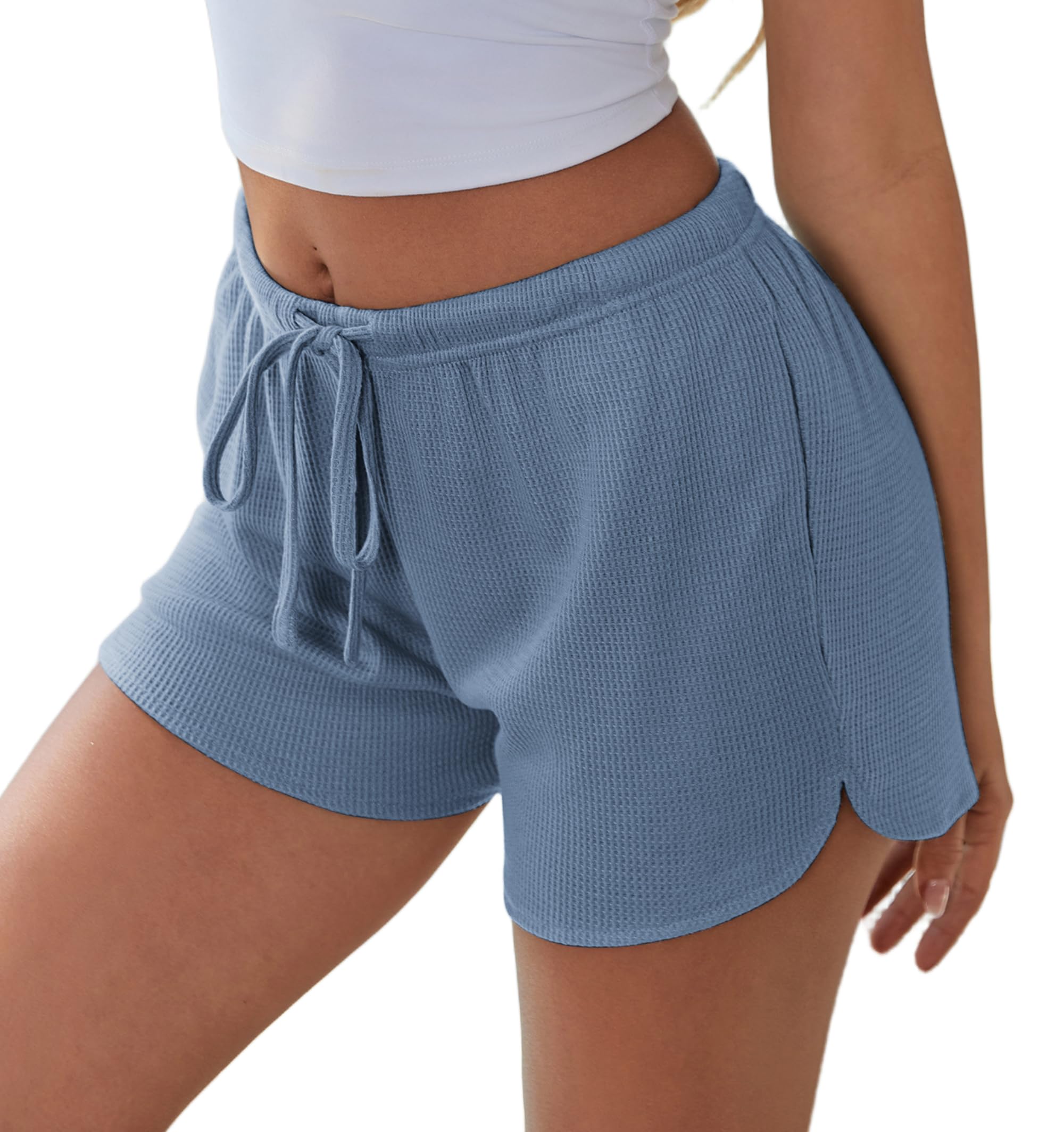 Ekouaer Womens Waffle Knit Pajama Shorts Soft Drawstring Lounge Bottom Casual Workout Shorts with Pockets Blue M
