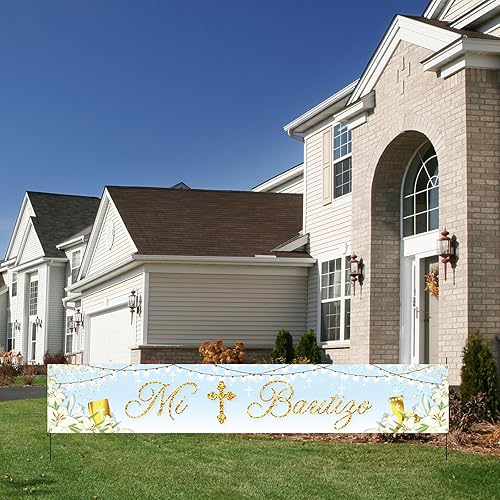 Miniatura 8 de INNORU Cartel grande de fondo Mi Bautizo, cartel de césped para fiesta de bautismo español mexicano, baby shower, patio, jardín, fiesta de primera