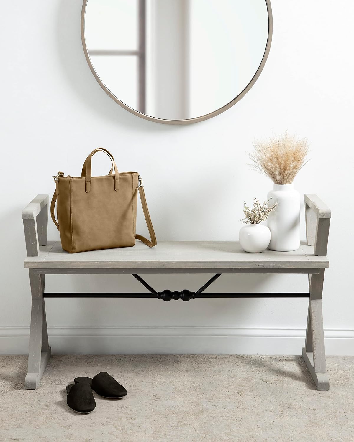 Kate and Laurel Travere Modern Farmhouse Wood and Metal Bench; 43 x 15 x 26; Rustic Gray; Contemporary Indoor Mudroom or Entryway Bench for Seating and Display