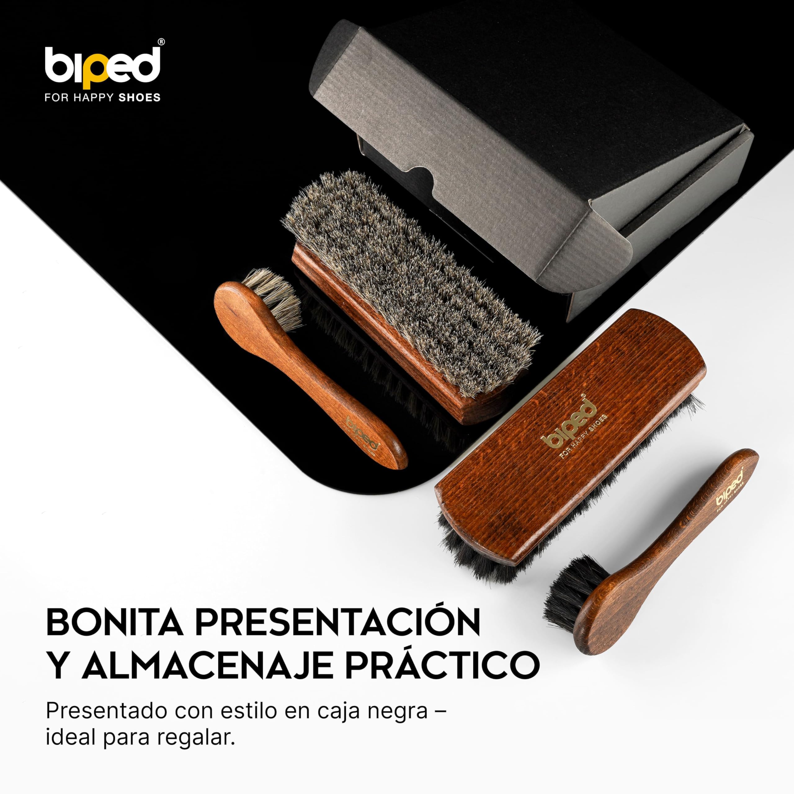 Biped Set de 4 cepillos para Zapatos Classic con Mango de Haya – 2 para aplicar betún + 2 para abrillantar con Crin de Caballo – Completo Kit de Cuidado del Calzado en Caja Regalo z2487