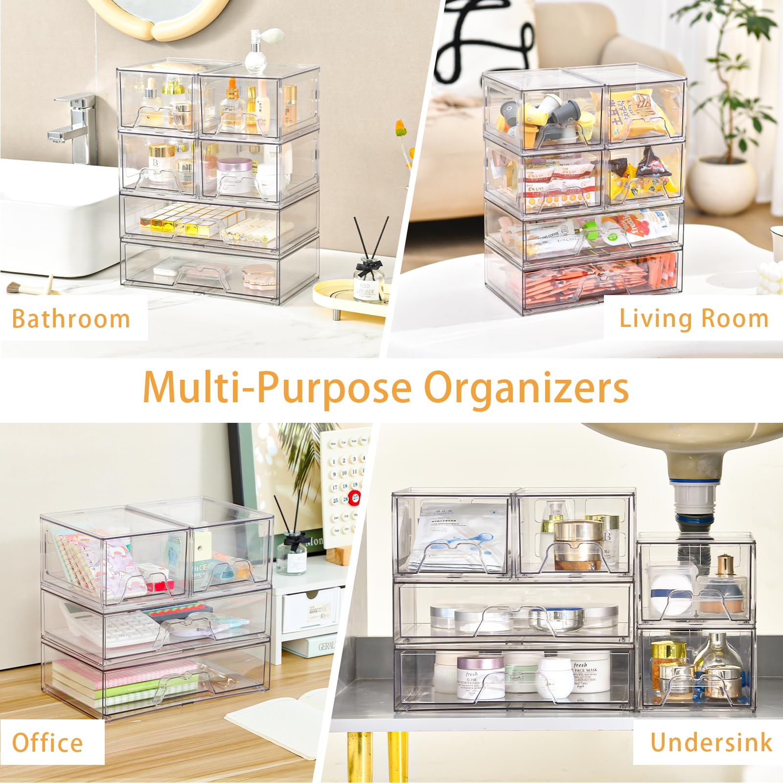 Stebopum Cajón apilable organizador cosmético con 4 cajones | Organizador de tocador transparente acrílico para cajón,Organizador de maquillaje,Almacenamiento y organización de baño