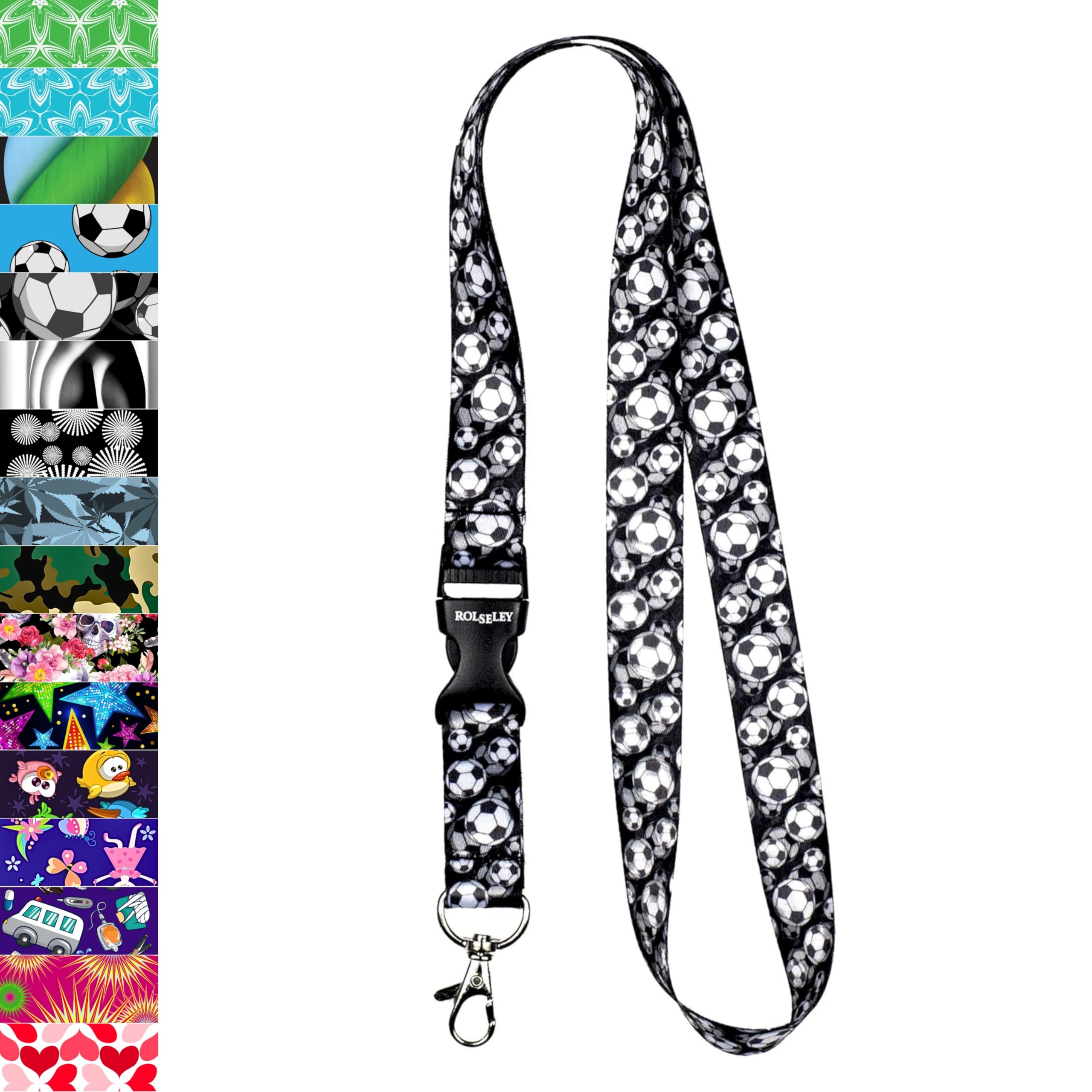 ROLSELEY Lanyard neck strap with FOOTBALL - BLACK for id badge holder with metal clip
