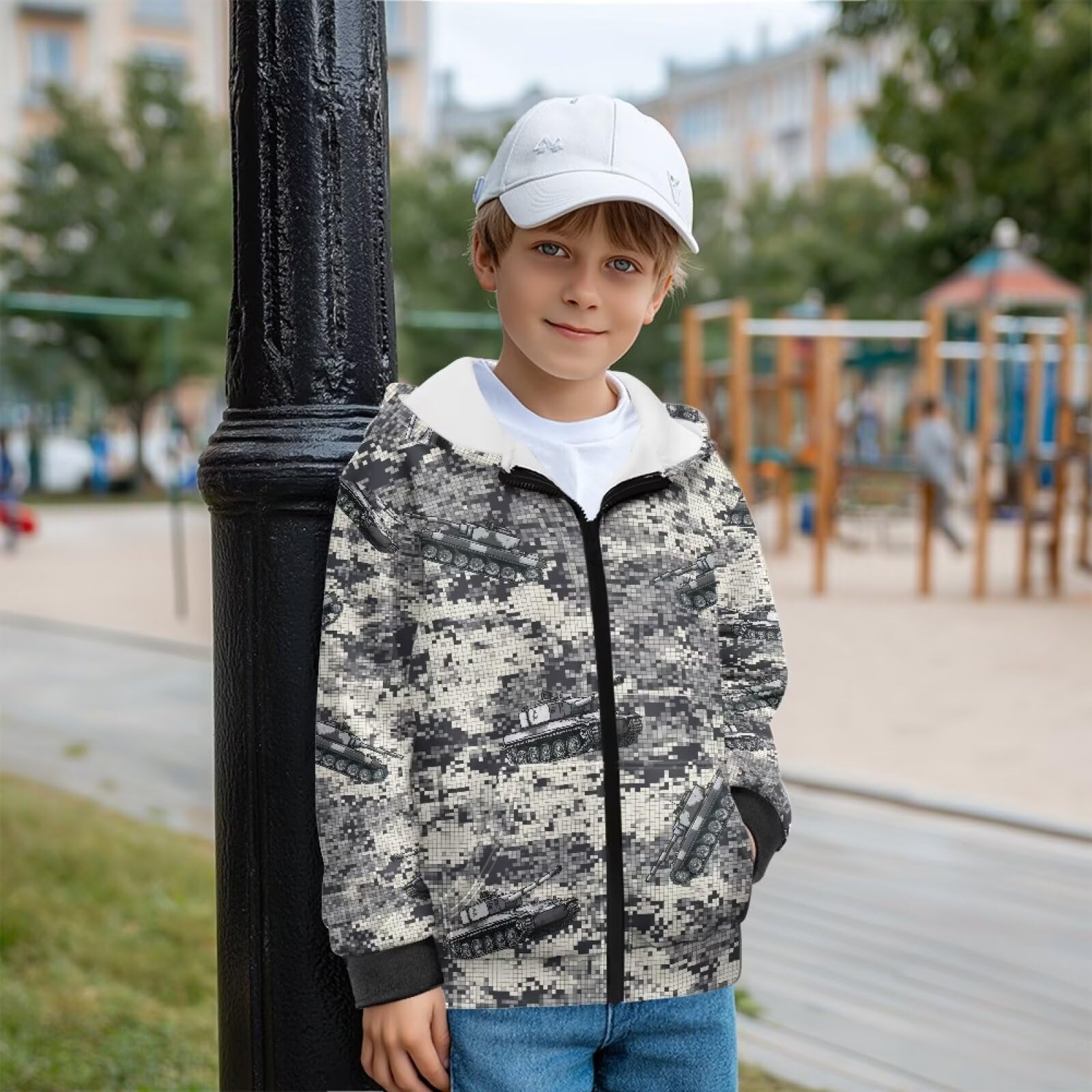 Xoenoiee Dziecięce bluzy z kapturem dla chłopców, zapinana na zamek, bluza 3D, fajna grafika zwierzęca, sweter z długim rękawem, top na jesień i zimę, Szary Camo Cartoon Tank, 6-8 Years