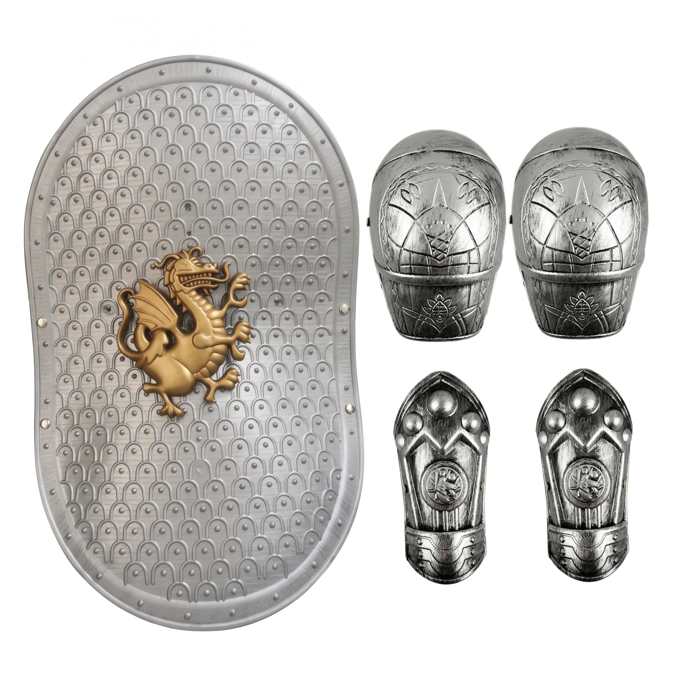 Set armatura medievale per bambini, costume da cavaliere con drago guerriero vichingo per bambini, con protezioni per spalle e polsi, argento, taglia bambino
