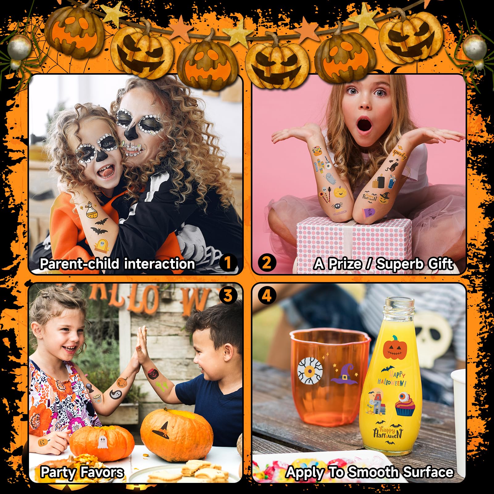 408 Hojas de Tatuajes Temporales de Halloween para Niños, Tatuajes Individuales para Fiesta de Halloween, Pegatinas de Tatuajes de Calabazas y Fantasmas para Niños y Niñas