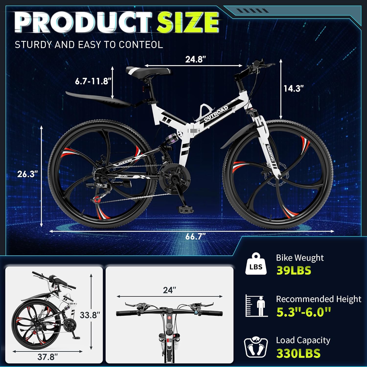 Max4out 26 Inch Folding Mountain Bike, 21 Speed Full Suspension Bicycle Dual Disc Brake Non-Slip Quick Release tire for Adults Men Women(Balck/Pink/Green/Orange/White/Purple)