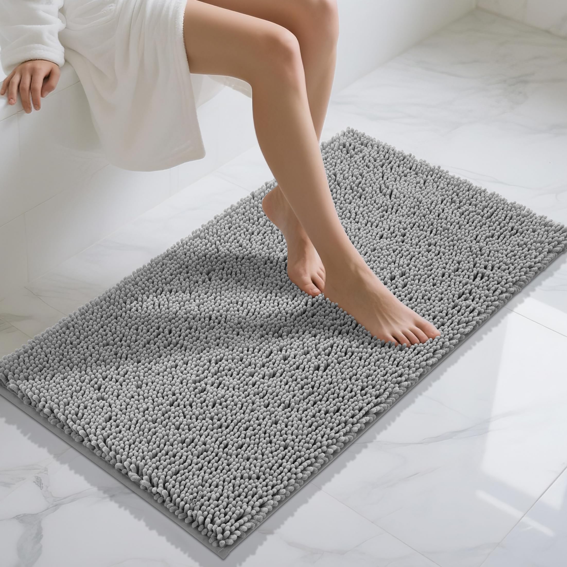 Yimobra Long Bathroom Rugs 44"x24", Extra Soft Non Slip Bath Mat for Tub, Super Absorbent Quick Dry Shaggy Rug Floor Carpet, Machine Washable,Gray