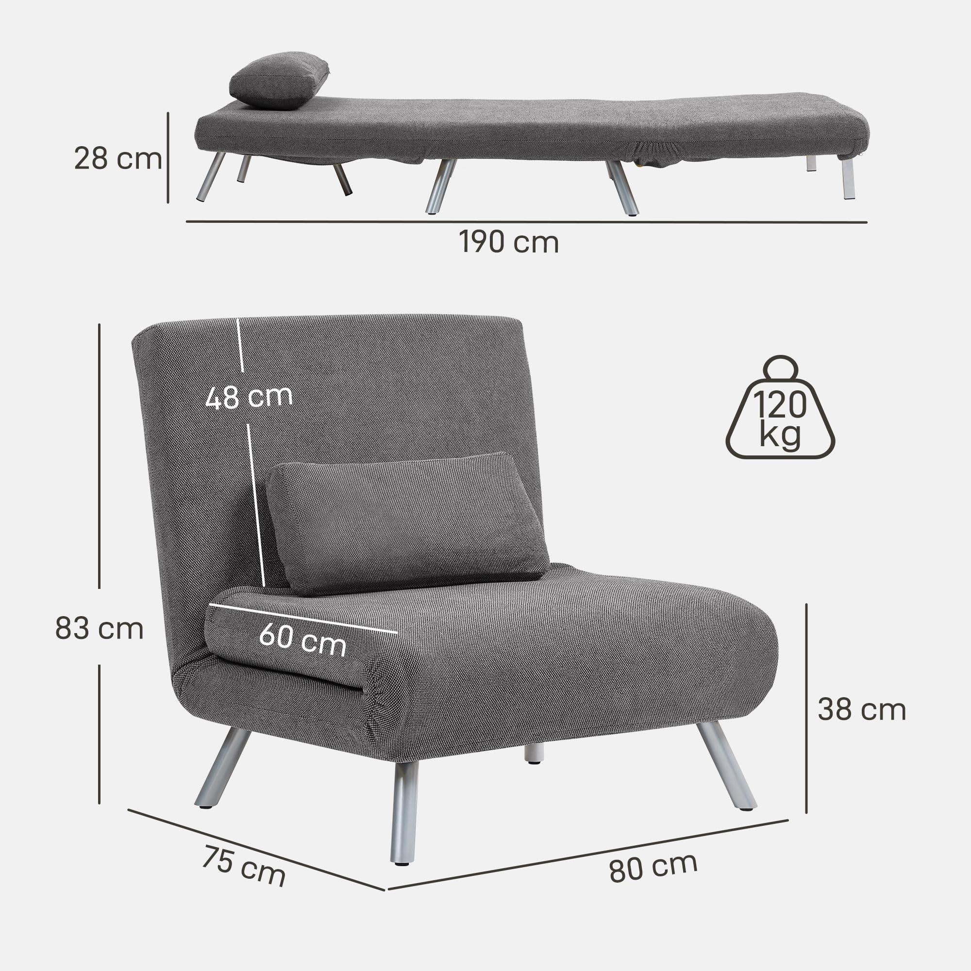 HOMCOM Sofá Cama de 1 Plazas 3 en 1 Sillón Cama Plegable Tapizado en Pata de Gallo con Respaldo Ajustable de 5 Niveles y Almohada Acolchada para Oficina Dormitorio Salón 80x75x83 cm Negro