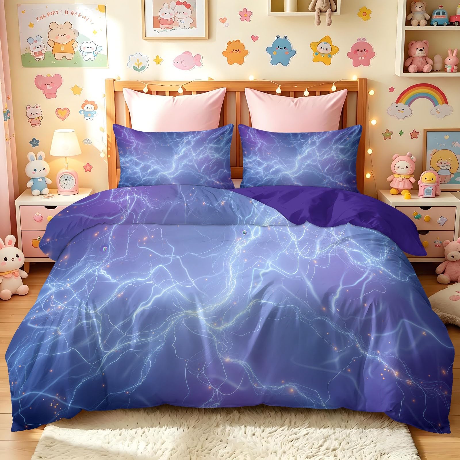 Parure da letto matrimoniale con copripiumino in microfibra viola + federe 65 x 65 cm, fantasia astratta set copripiumino (lampo corrente elettrica, 220 x 240 cm)
