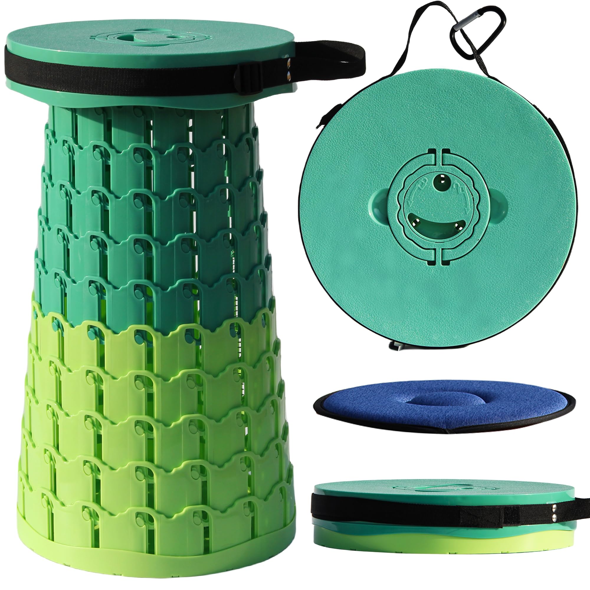 ALEVMOOM XL Sgabello Pieghevole Portatile, Sgabello Telescopico Portatile Con Cuscino Regolabile Sgabello da Campeggio per Pesca Campeggio Escursione Trekking Interna, Carico Massimo 450kg (Verde)