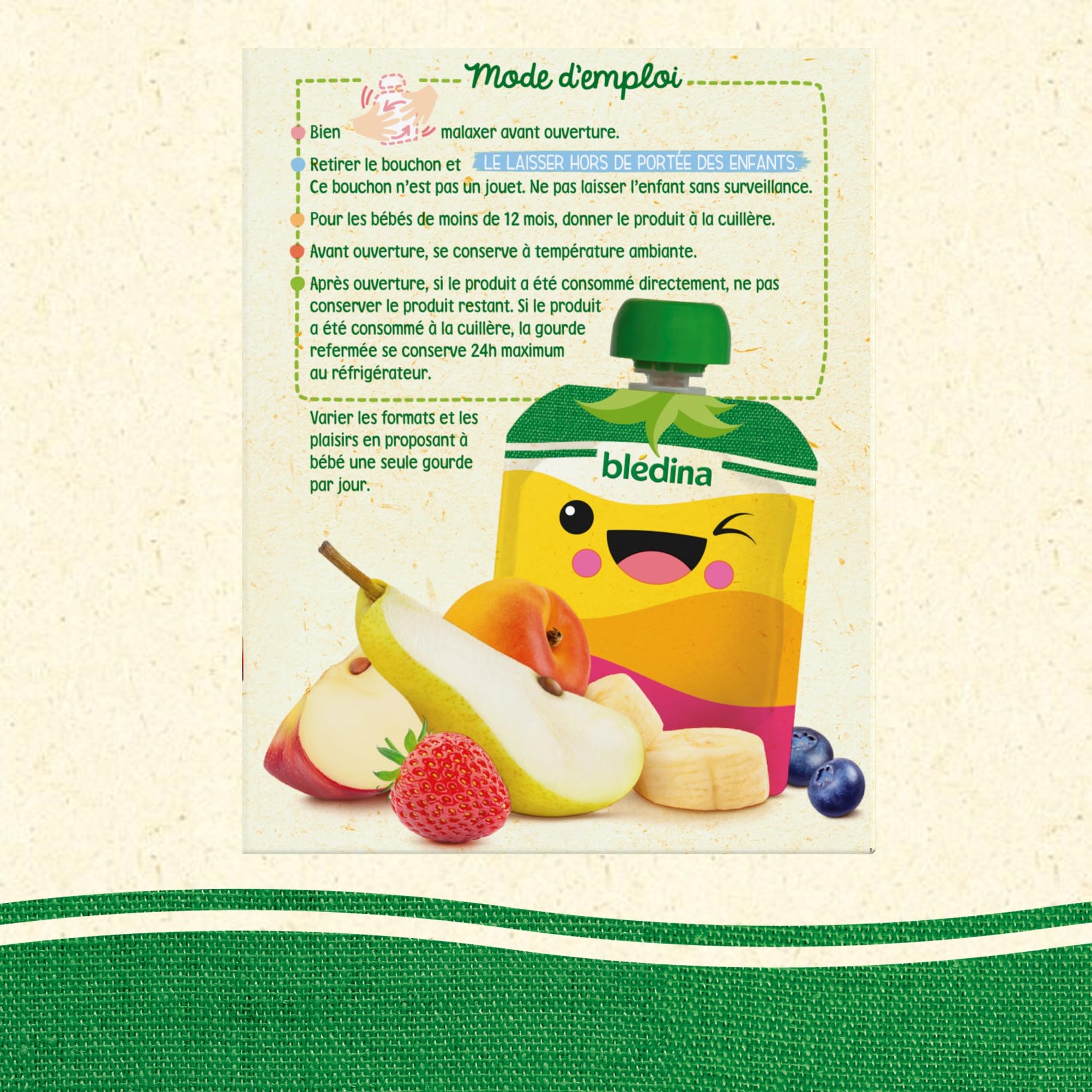 BLÉDINA - Gourdes de Purées de Fruits Bébé - Pomme, Poire, Banane, Abricot, Fraise, Cassis, Myrtille - dès 6 Mois - 32 x 90 g