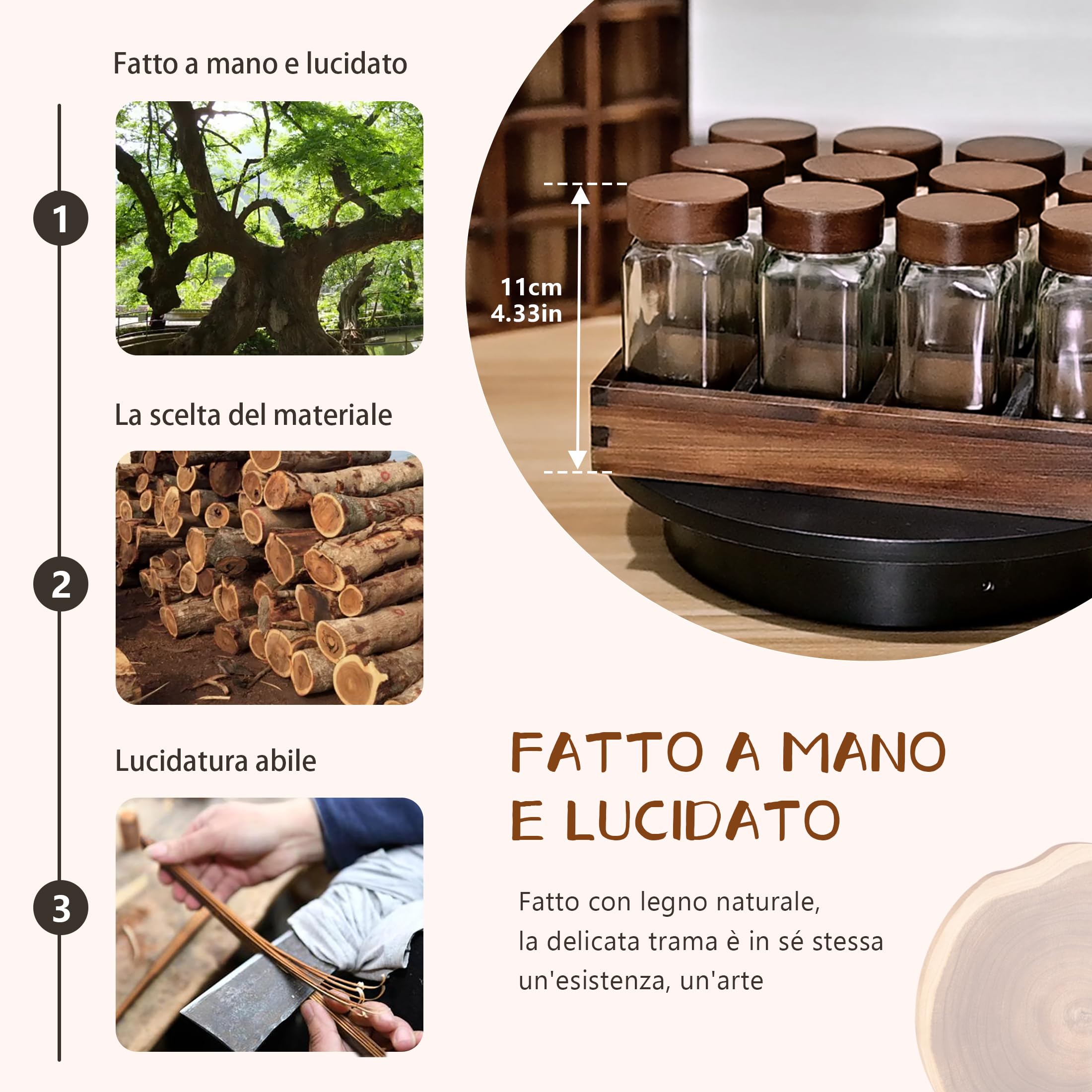 SAEIV Porta Spezie per Cucina Salva Spazio Portaspezie Salvaspazio 12 Barattoli Vassoio Legno Acacia Vetro Borosilicato Non Bruci Più la Pasta Piano/Cassetto Imbuto Inox+120 Etichette