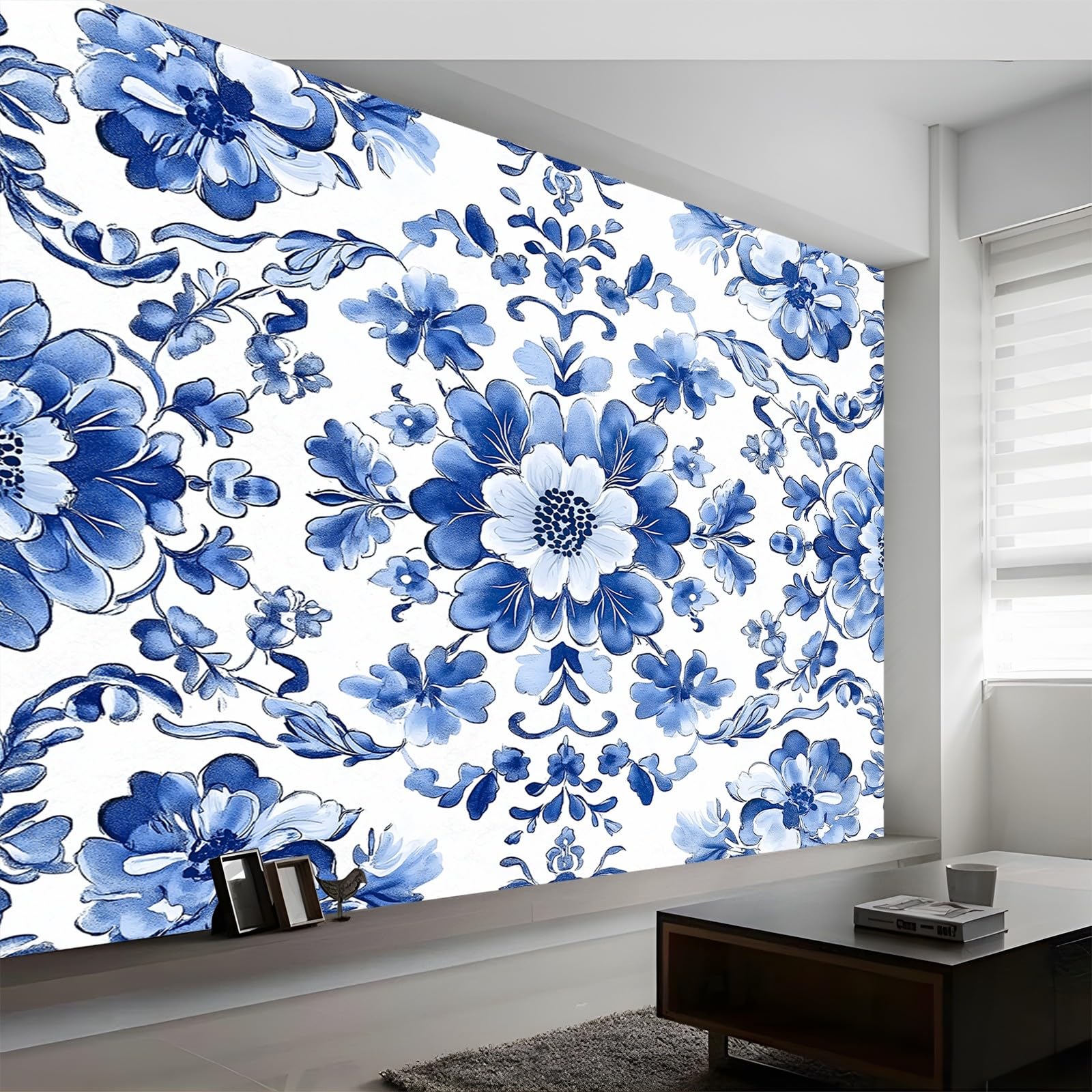 Tapety radition kwiaty orientalny styl niebieski biały 300 x 210 cm (szer. x wys.) , fototapety z włókniny nowoczesne tapety, plakat z efektem 3D wodoodporne malowidła ścienne do kuchni łazienki