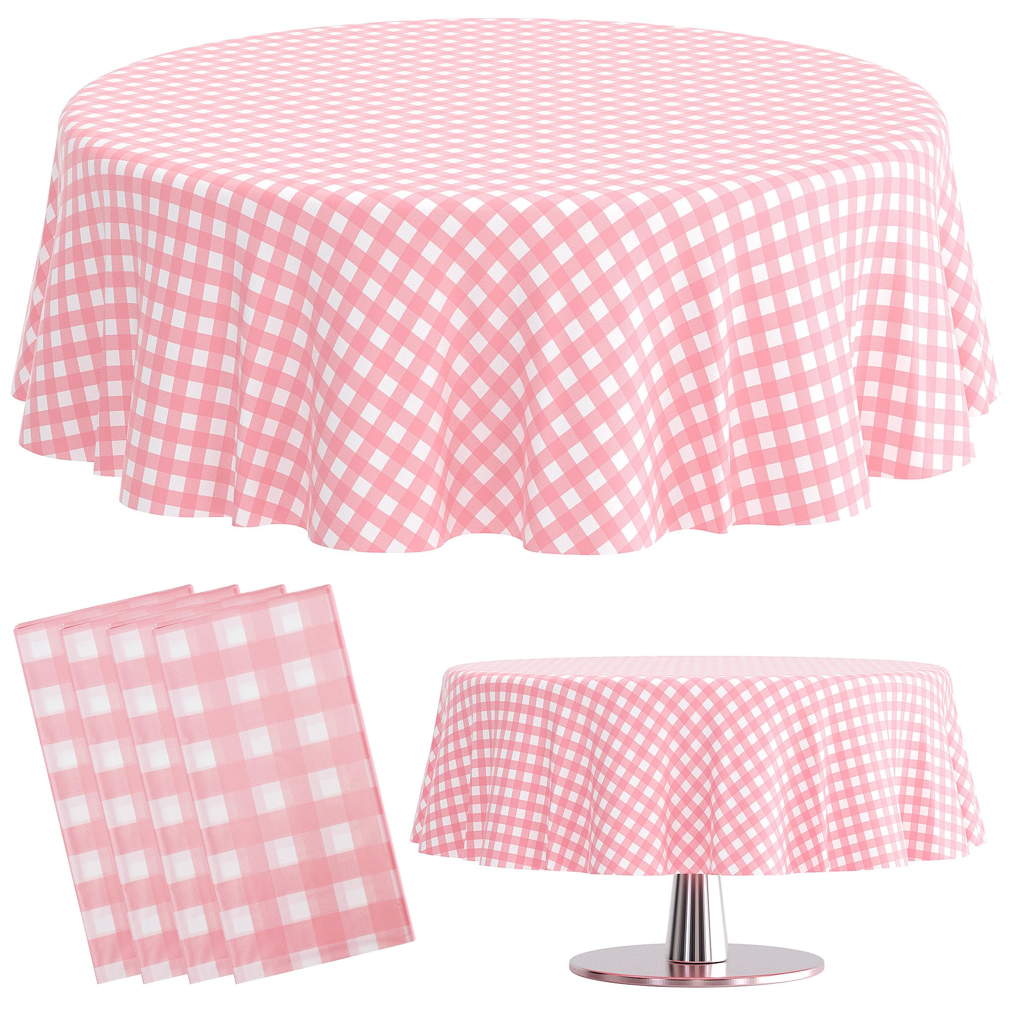 Vedran 4 Pack Pink and White Tablecloth Round 84 Inch, Plastic Gingham Table Cloth Disposable for Holiday Party,Birthday and Weddings Indoor or Outdoor Decoration