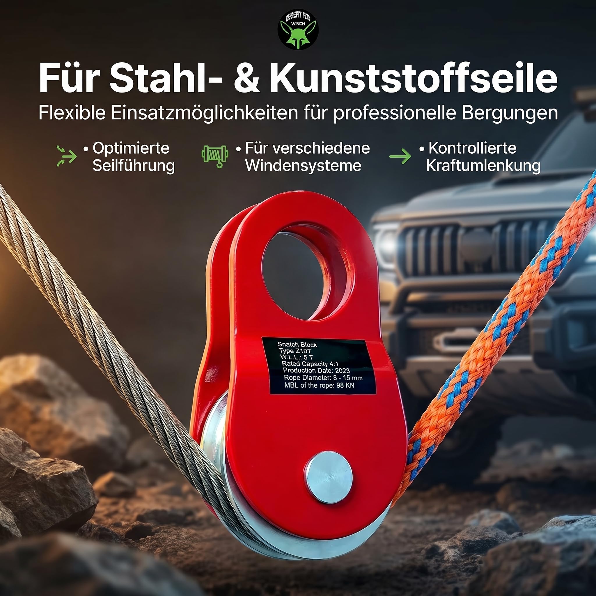 Umlenkrolle 10 t Bruchlast – Für Stahl- & Kunststoffseile bis 15 mm – Seilrolle für Seilwinden, Offroad, Forst & Recovery – Robuste Umlenkung für kontrollierte Bergungen