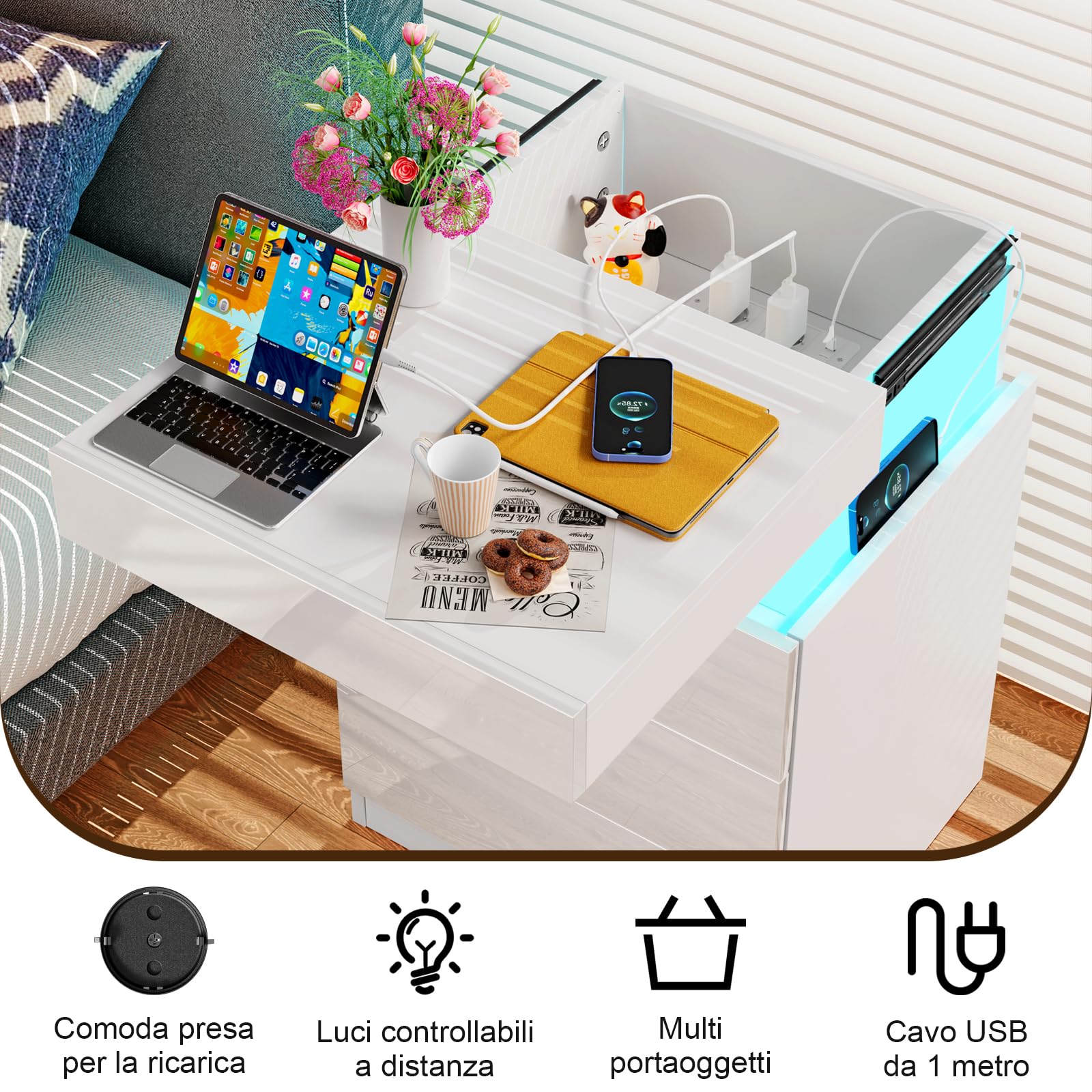 Comodino Camera da Letto con LED, Comodini con Stazione di Ricarica, 2 Prese AC 2 Porte USB, 3 Cassetti e Armadietti Scorrevoli Nascosti, Per Arredamento Camera da Letto. (Bianco, 67x40x45 cm)