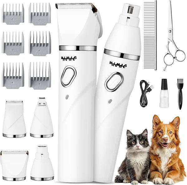 MALLMALL6 4 in 1 Dog Grooming Kit, High Performance 4 Hours Battery Life Professional Pet Clipper Set for Thick Fur, 2 Speed Low Noise Cat Shaver Paw Trimmer for Home Pet Grooming Shop White