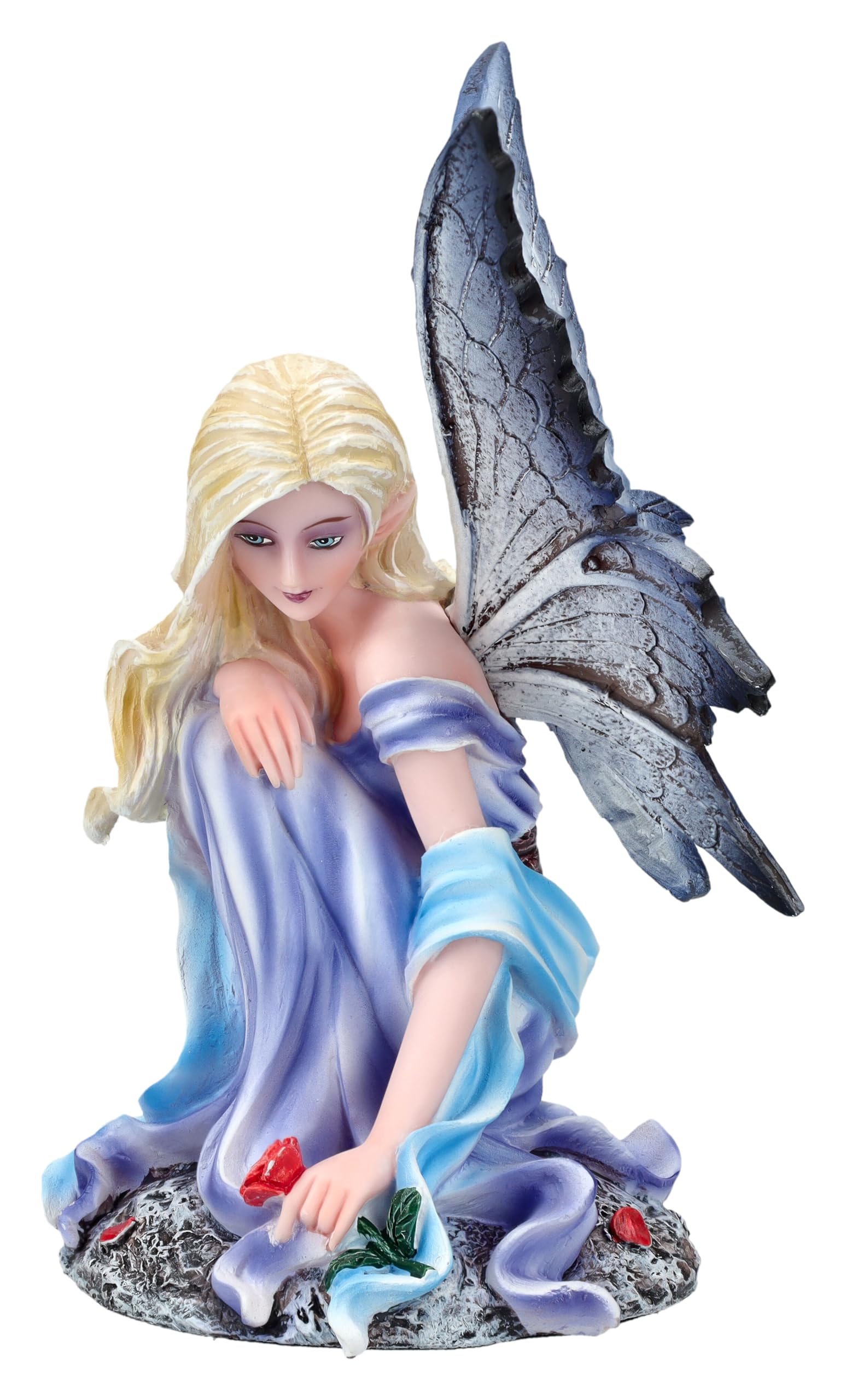 Figuren Shop GmbH Elfenfigur - Miriel mit Rose 14,5 cm - Fee blaues Kleid Fantasy Elfe Figur Deko