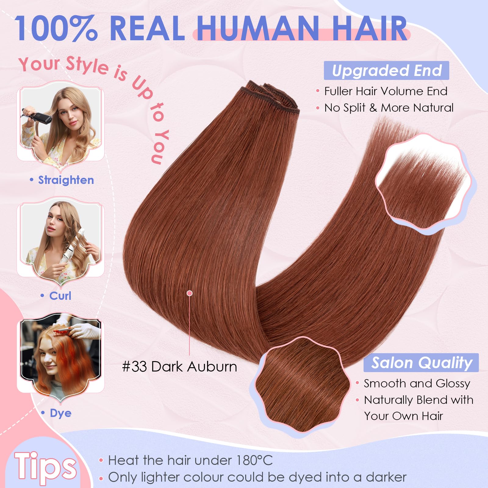 SLEEKALON Real Hair Extensions Clip in Human Hair Remy #33 Dark Auburn - 18 Inch 70 Gram 8 Pcs Invisible Full Head Weft Straight - Image 4